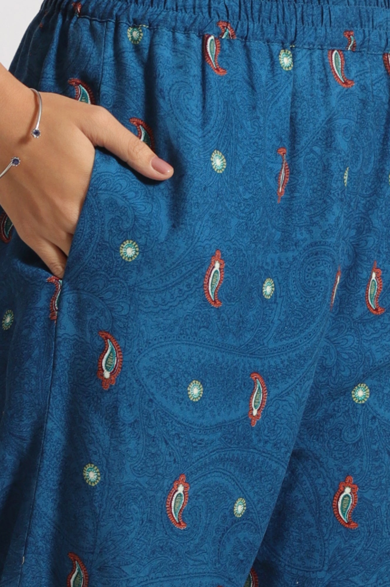 W for Woman Teal Blue Embroidered Yoke Rayon Kurta, Straight Pants and Dupatta Set