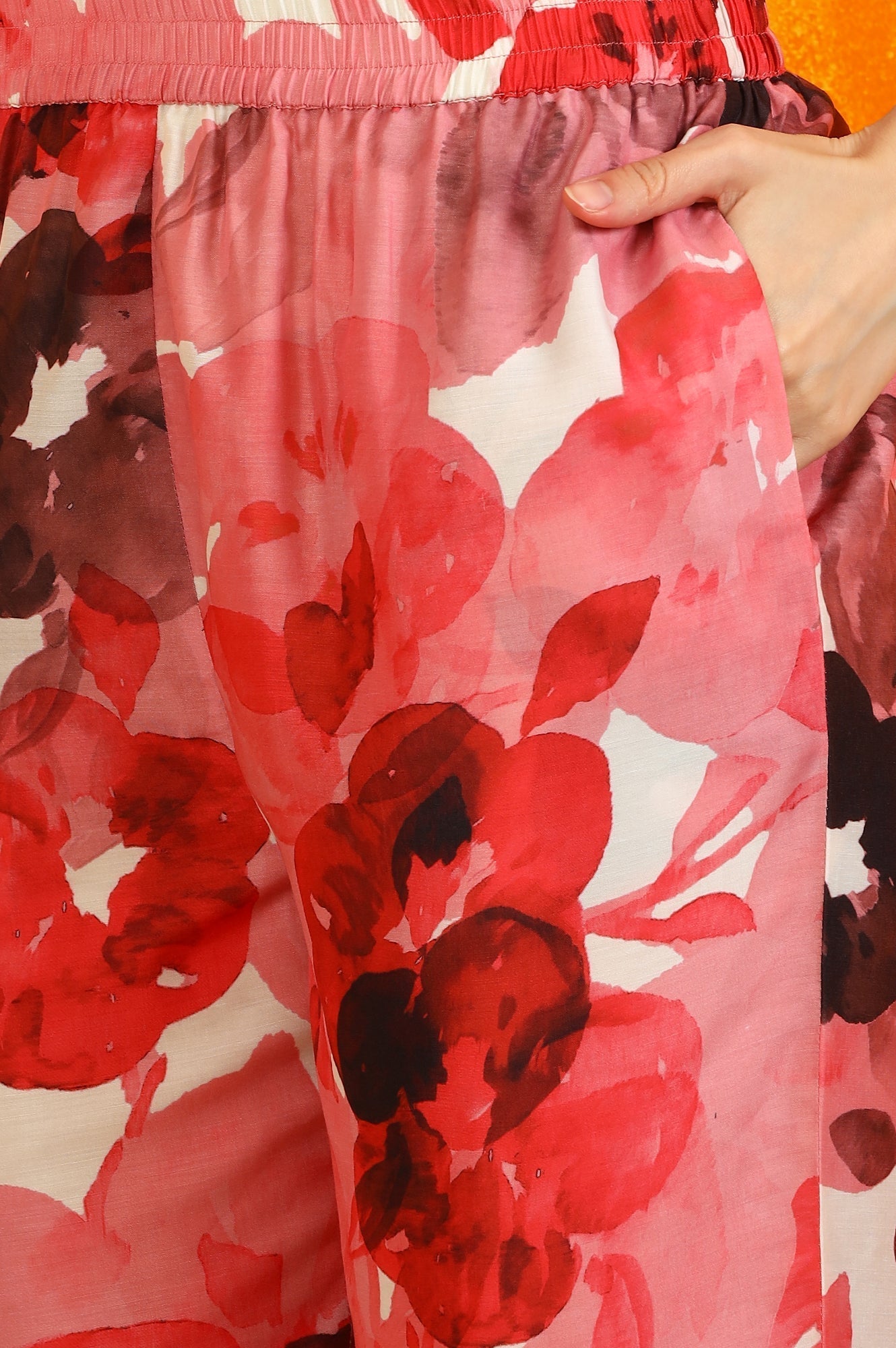 W for Woman Red Bold Floral Printed Modal A-line Kurta and Pants Co-ord Set
