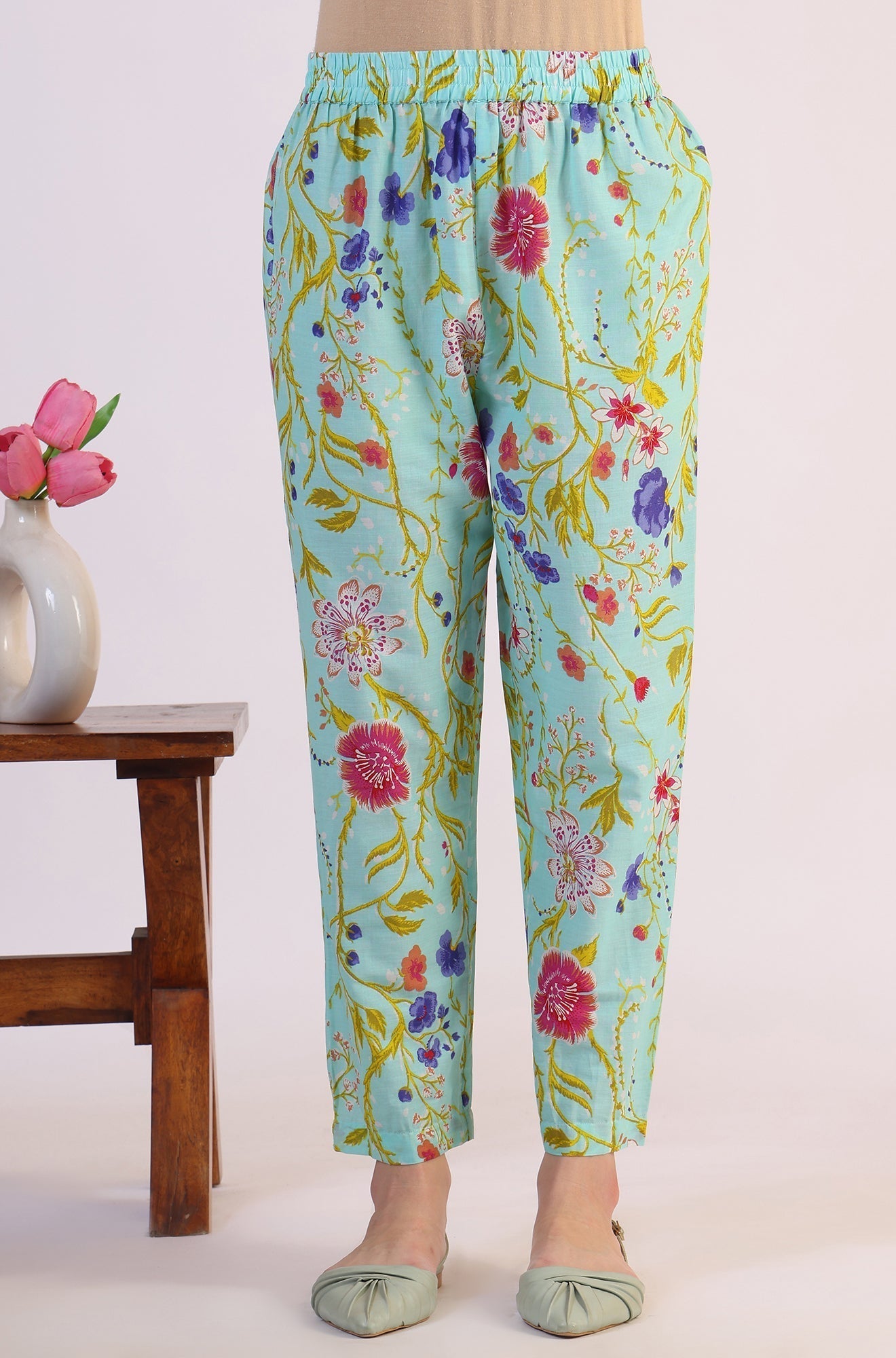 W for Woman Floral Printed Lace Flared Pure Cotton Kurta & Straight Pant with Dupatta Set