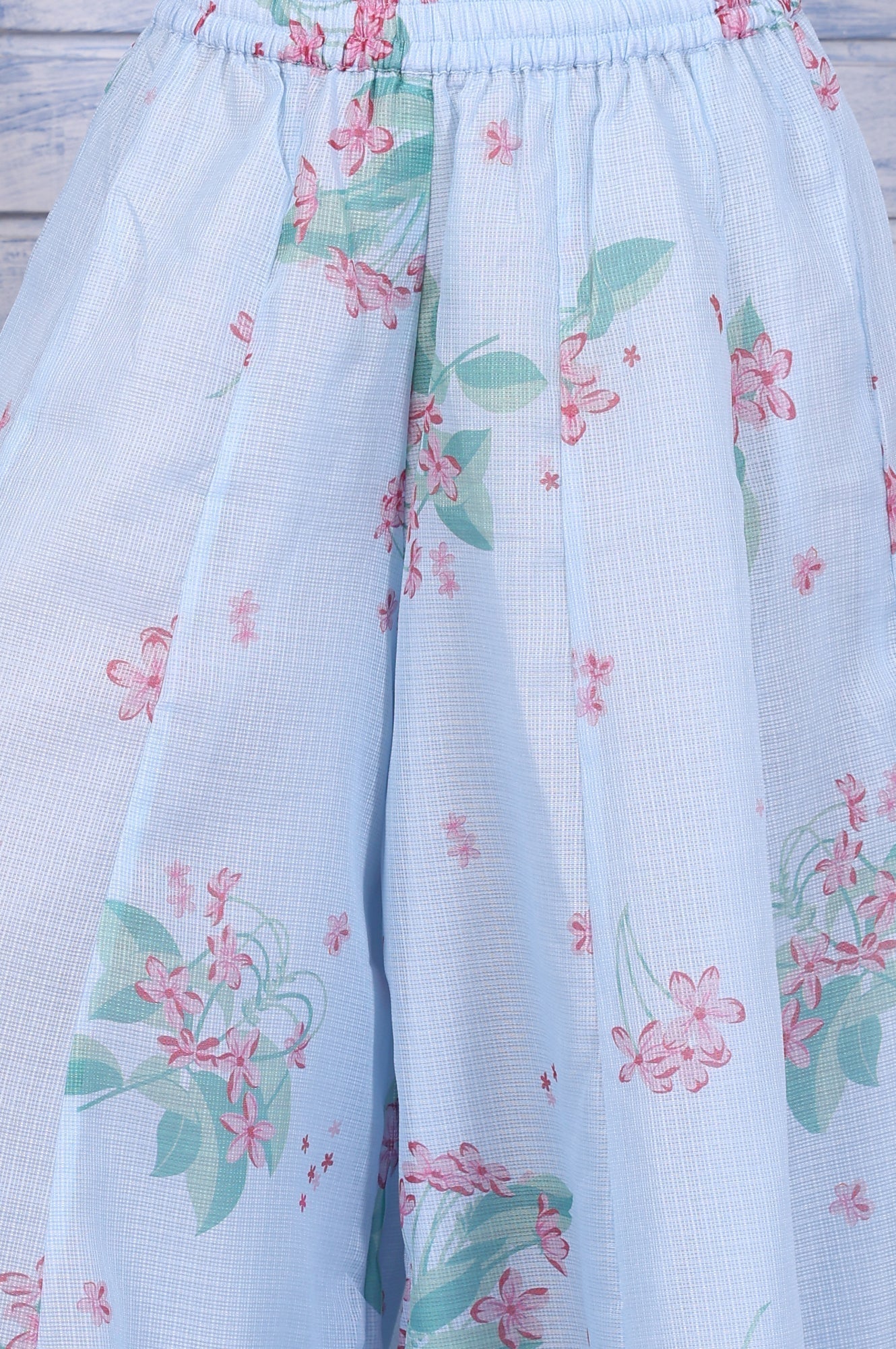 W for Woman Blue Floral Printed Thread Embroidered Kota Flared Kurta, Flared Pant And Dupatta Set