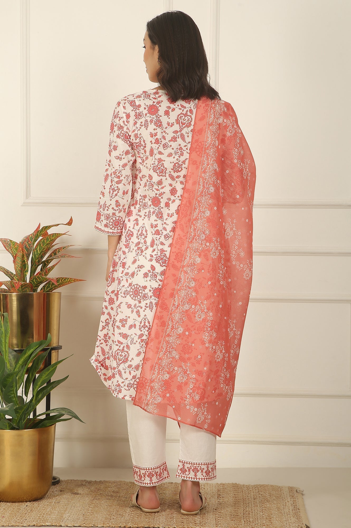 W for Woman White and Orange Floral Printed Pure Cotton Flared Kurta, Pants and Dupatta Set