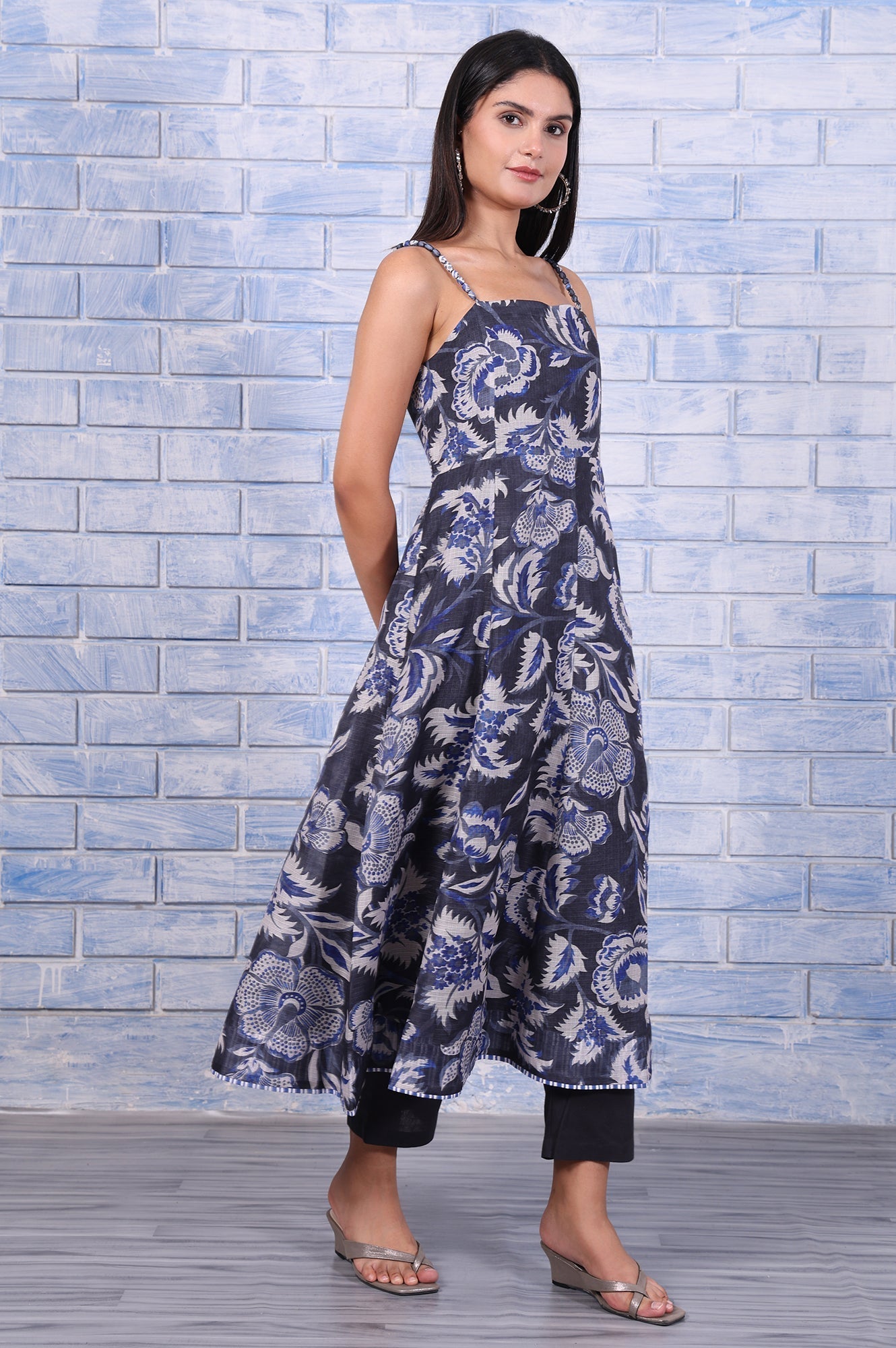W for Woman Grey Floral Printed Kota Flared Kurta, Straight Pant And Dupatta Set