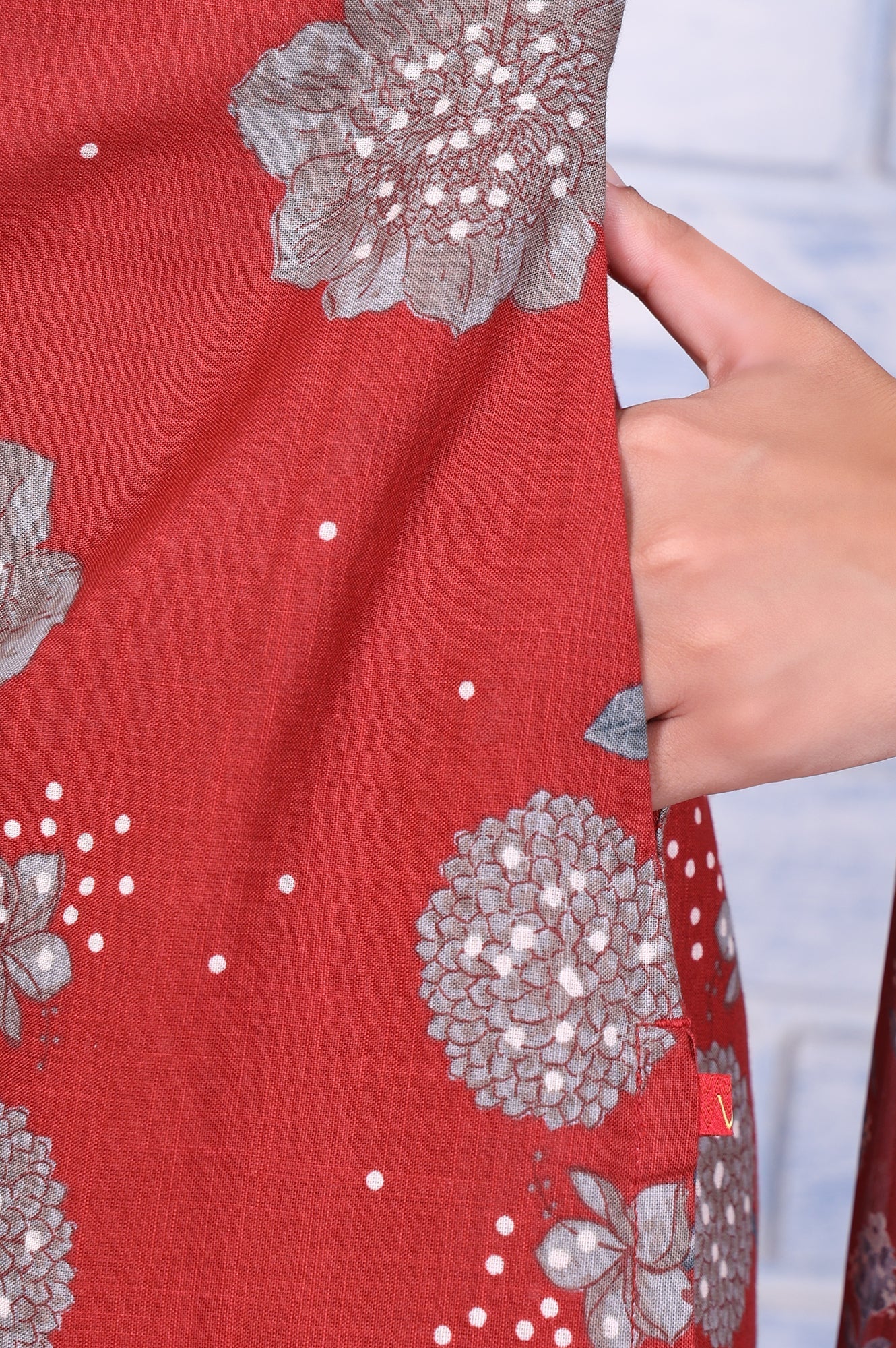 W for Woman Red Floral Printed Pure Cotton A-Line Kurta, Straight Pant And Dupatta Set