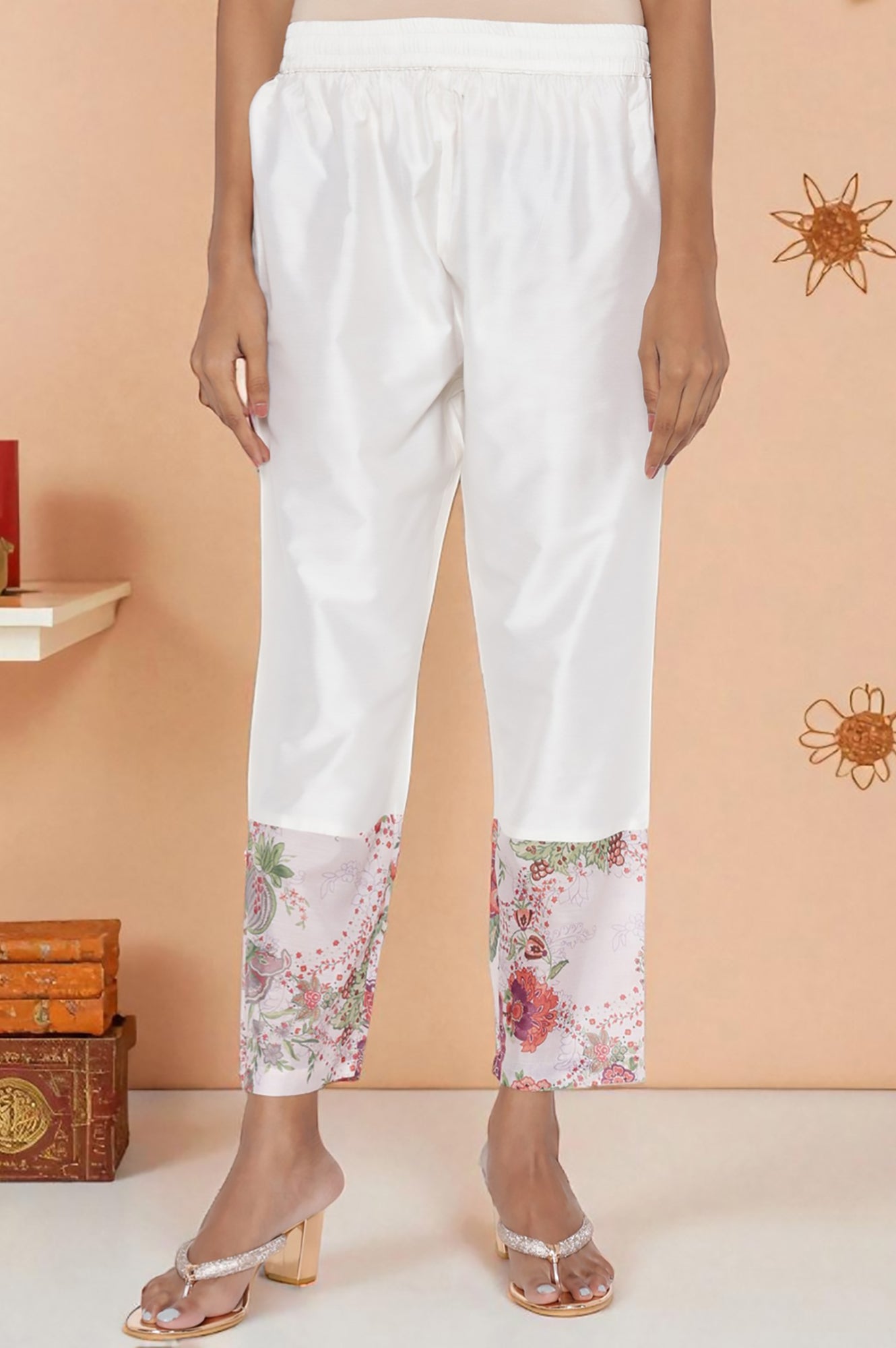 W for Woman Ecru Printed Chanderi Flared Kurta, Straight Pant and Dupatta Set