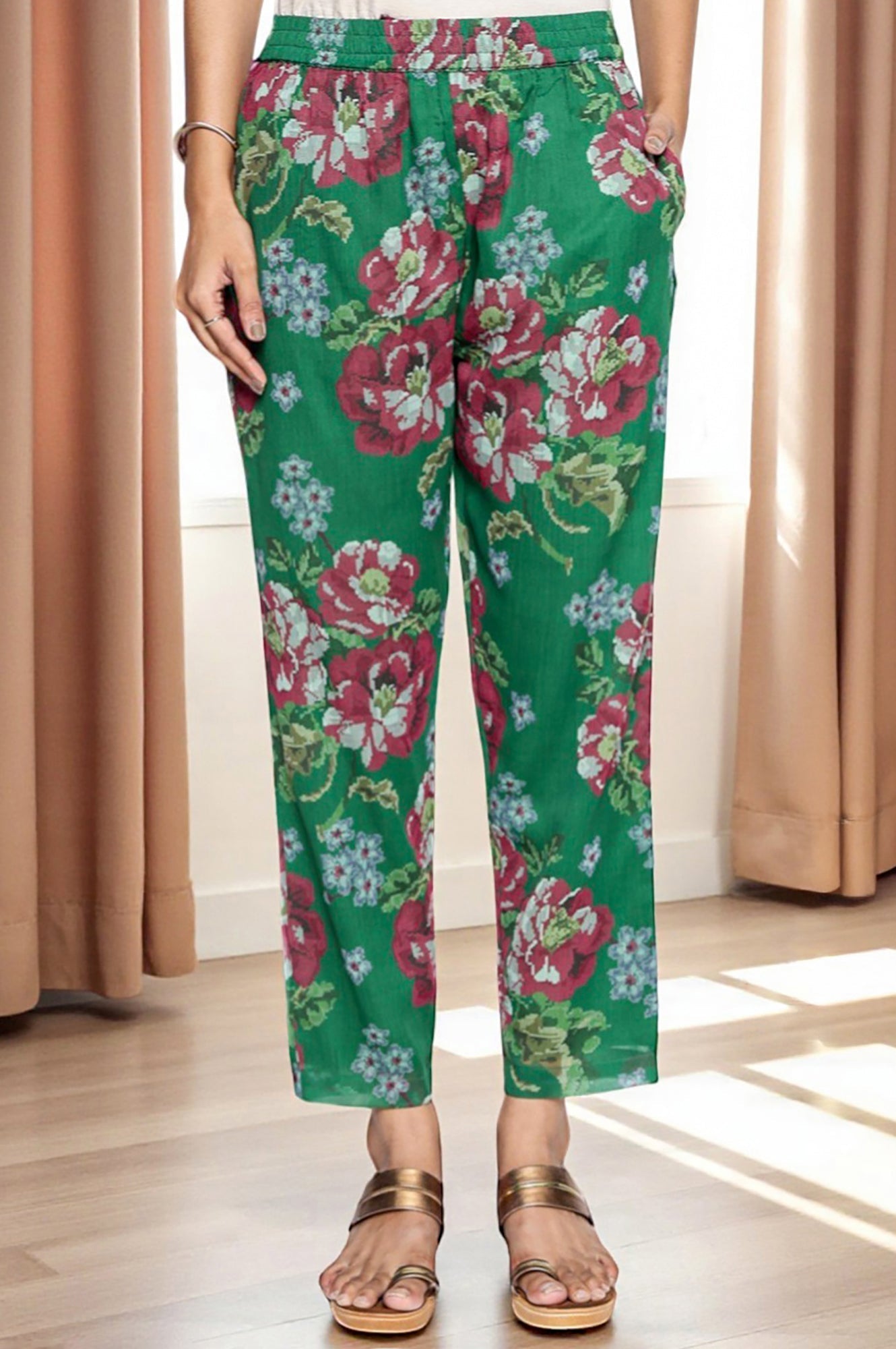 W for Woman Green Printed Chiffon Flared Kurta, Straight Pant and Dupatta Set
