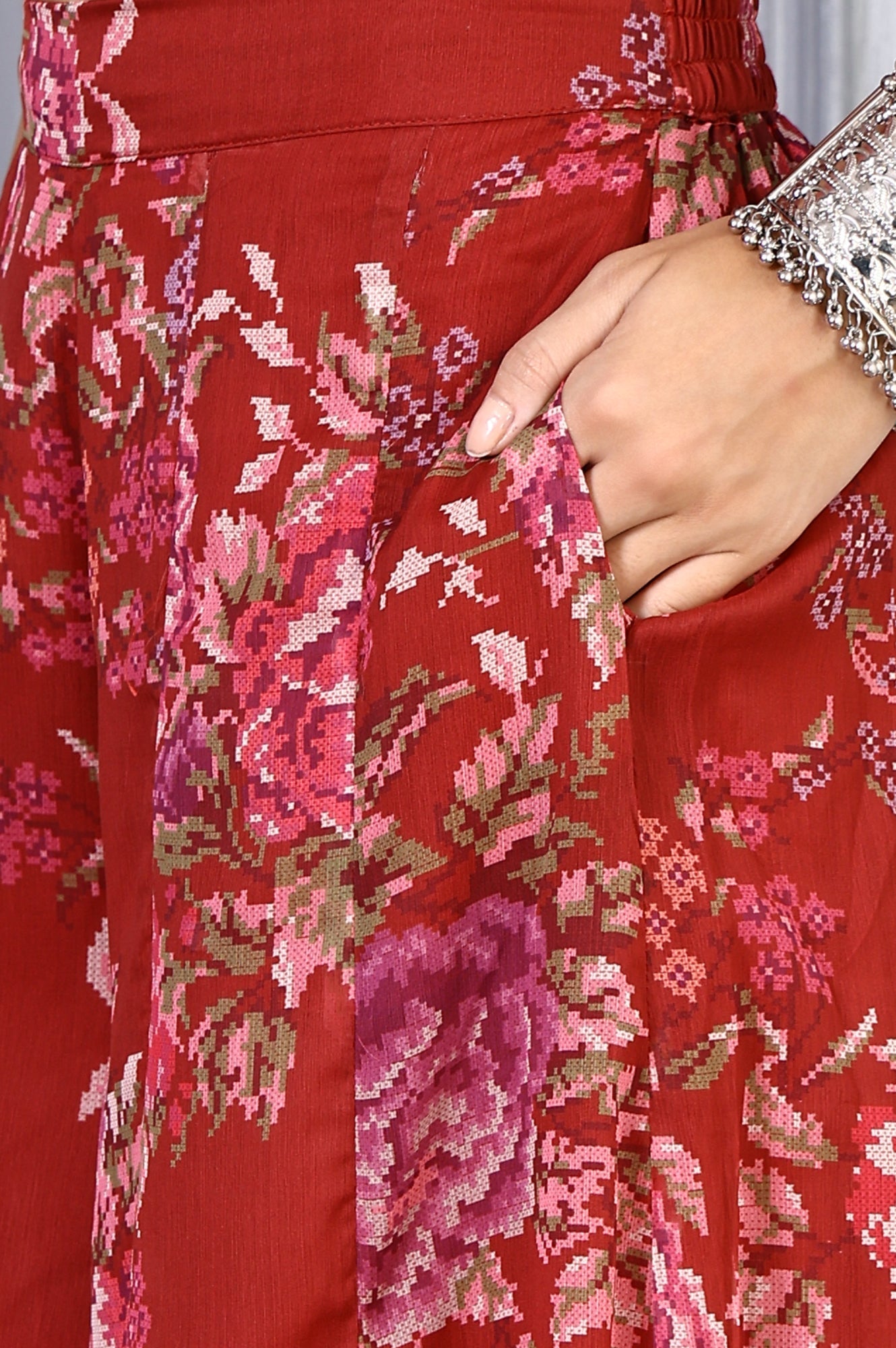 W for Woman Red Floral Printed Lace Chiffon Crop Spaghetti Top, Jacket and Flared Pants Set