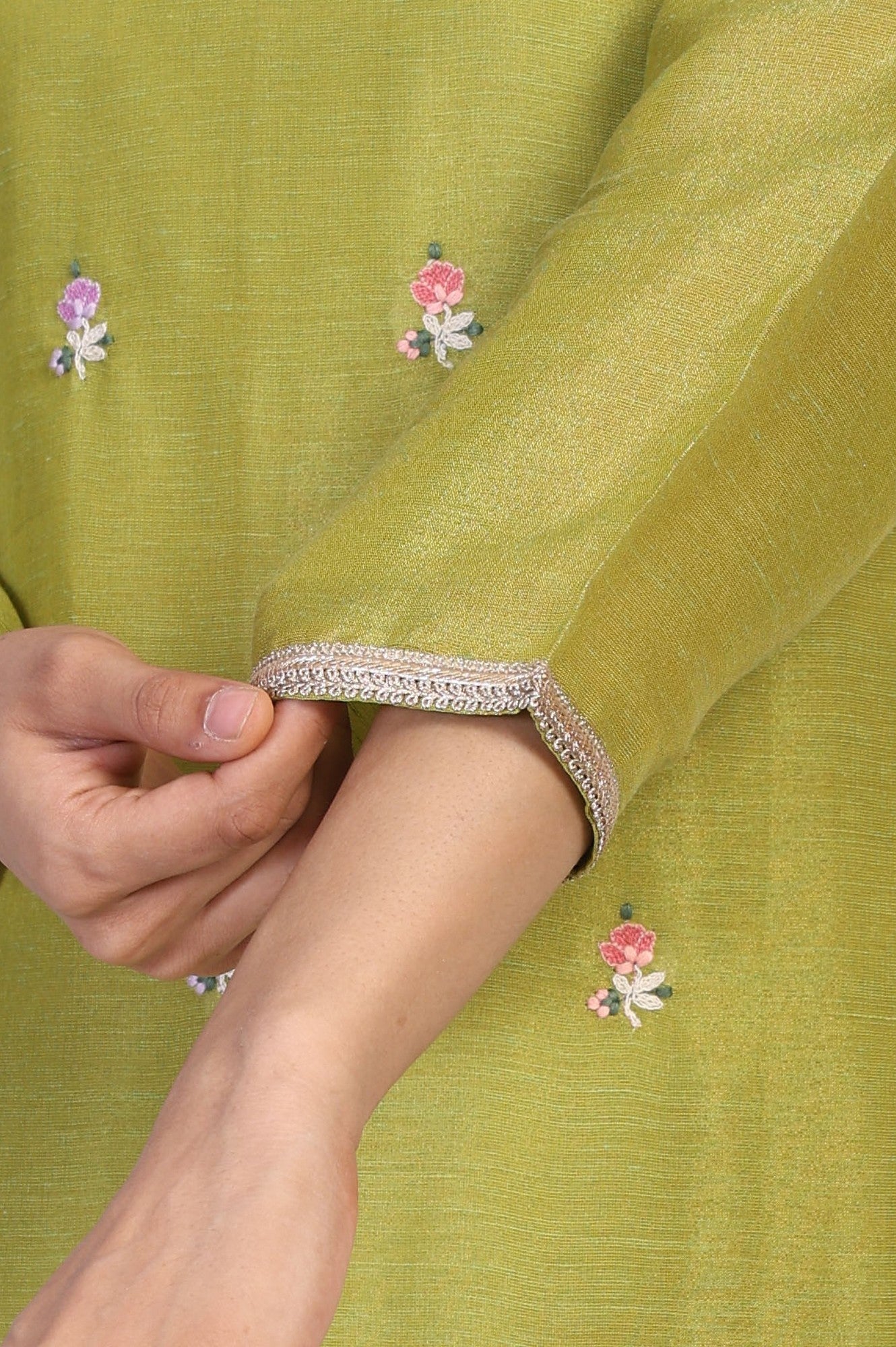 W for Woman Green Floral Embroidered A-Line Tissue Kurta with Straight Pant and Dupatta Set