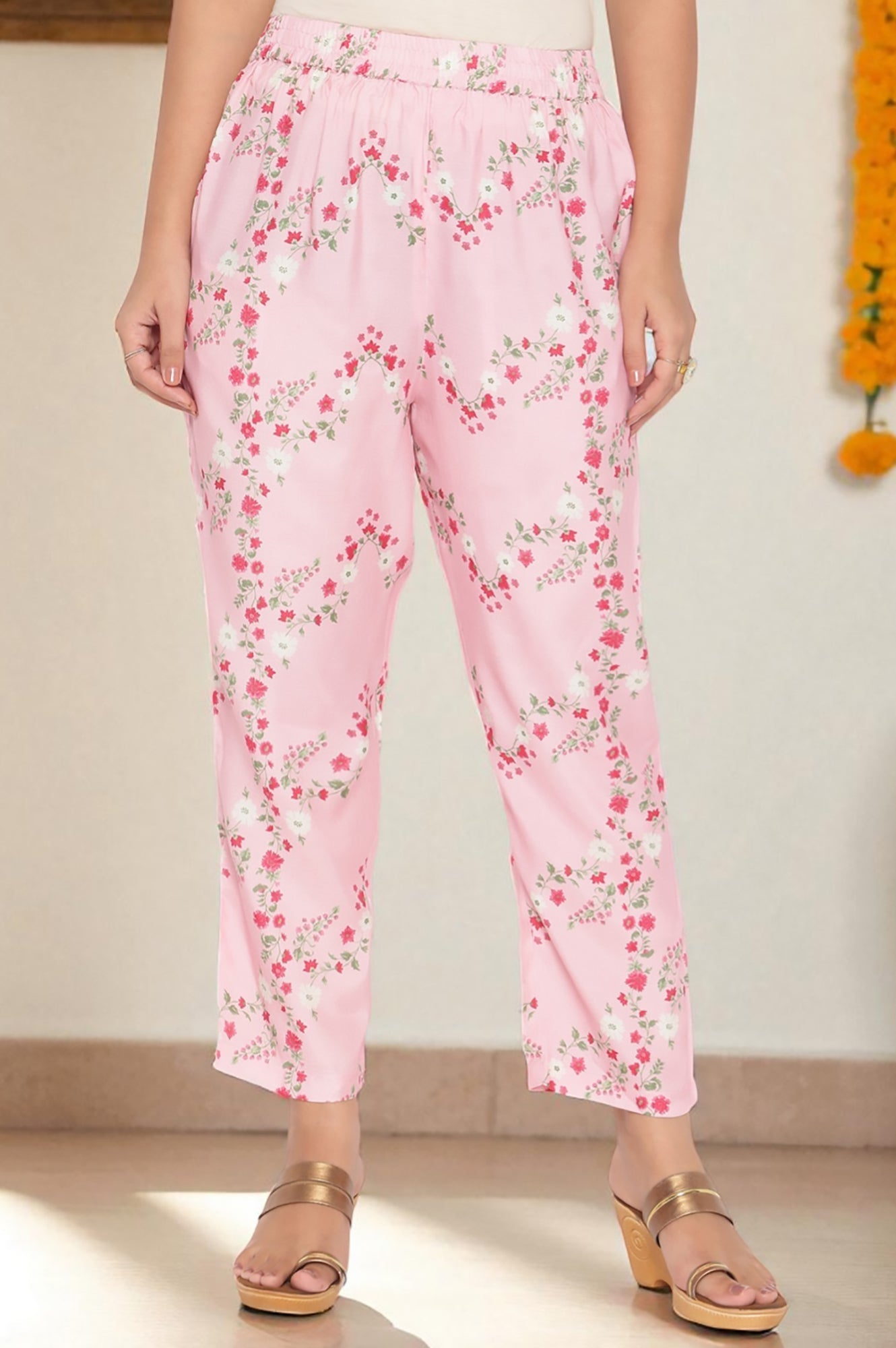 W for Woman Rose Pink Printed Shantung Flared Kurta, Parallel Pant and Dupatta Set