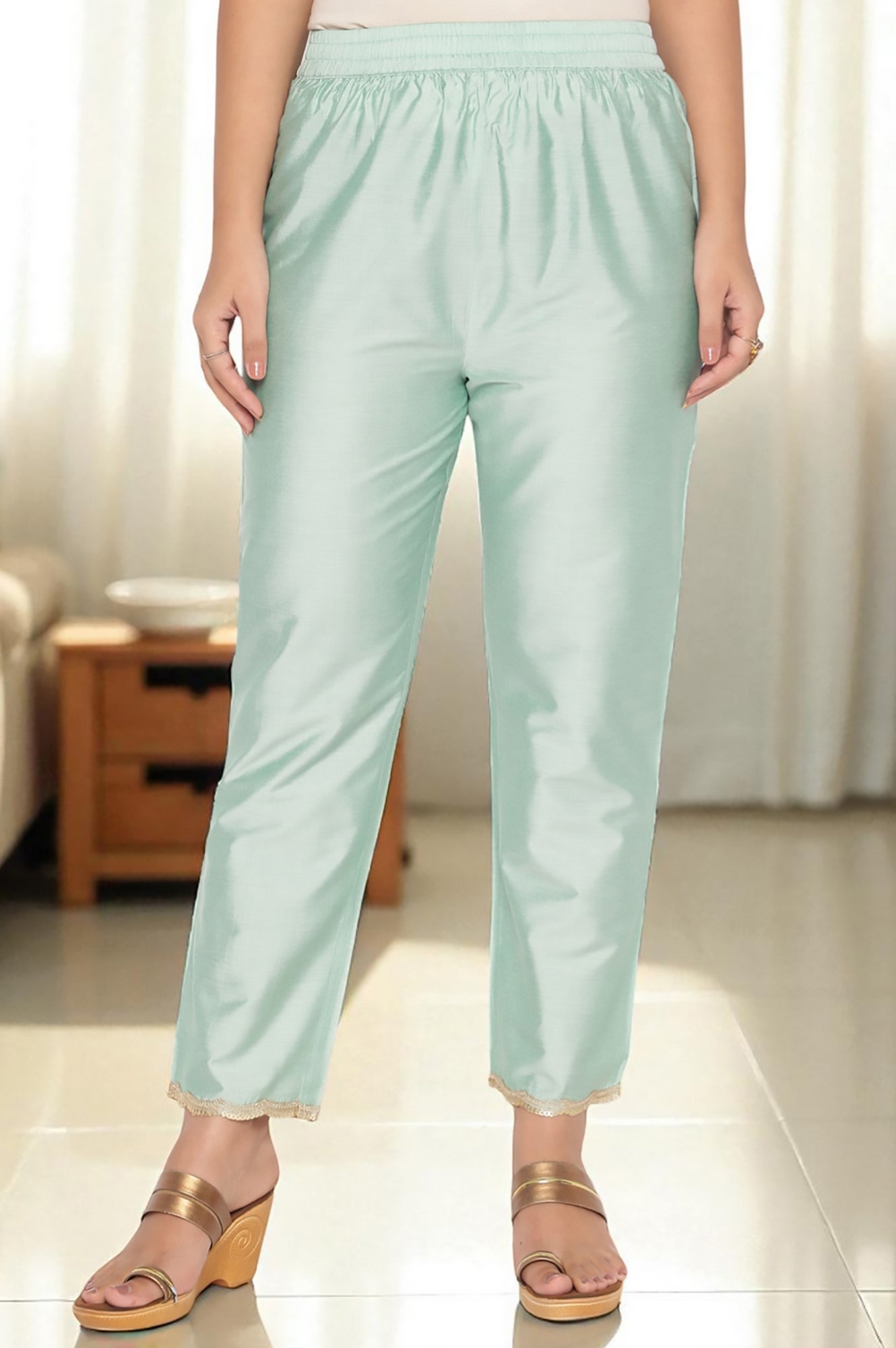 W for Woman Mint Green Printed Organza Flared Kurta, Straight Pant and Dupatta Set
