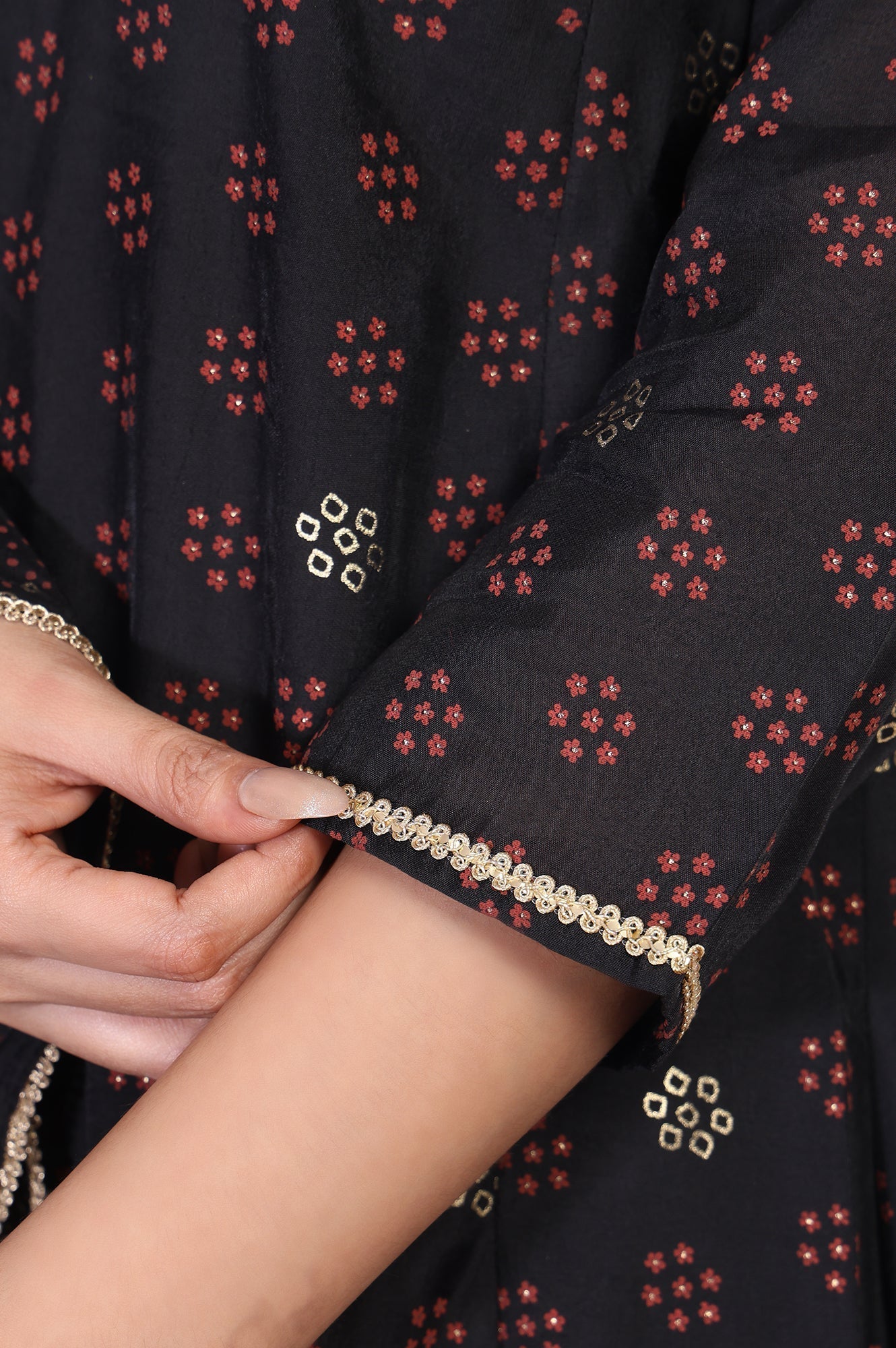 W for Woman Black Embroidered A-Line Kurta with Straight Pant and Dupatta Set