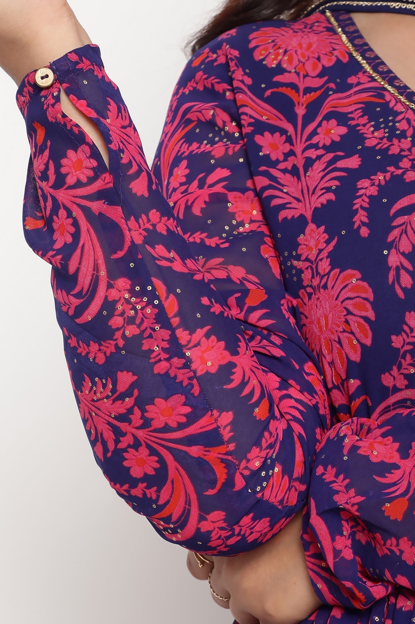 W for Woman Pink Printed Georgette Flared Kurta, Flared Pant and Dupatta Set