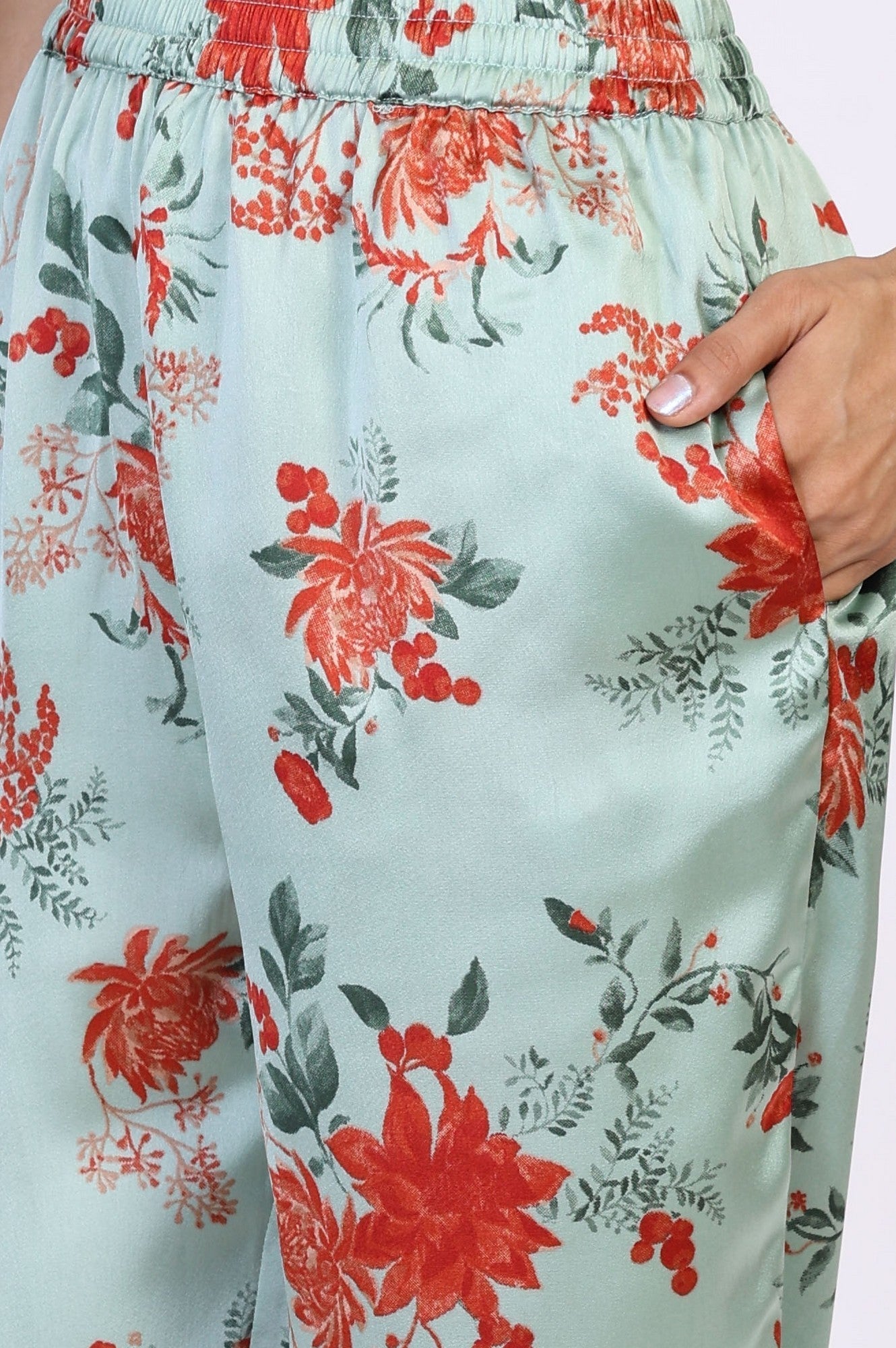 W for Woman Green Floral Print Sequined A-Line Satin Kurta with Straight Pant