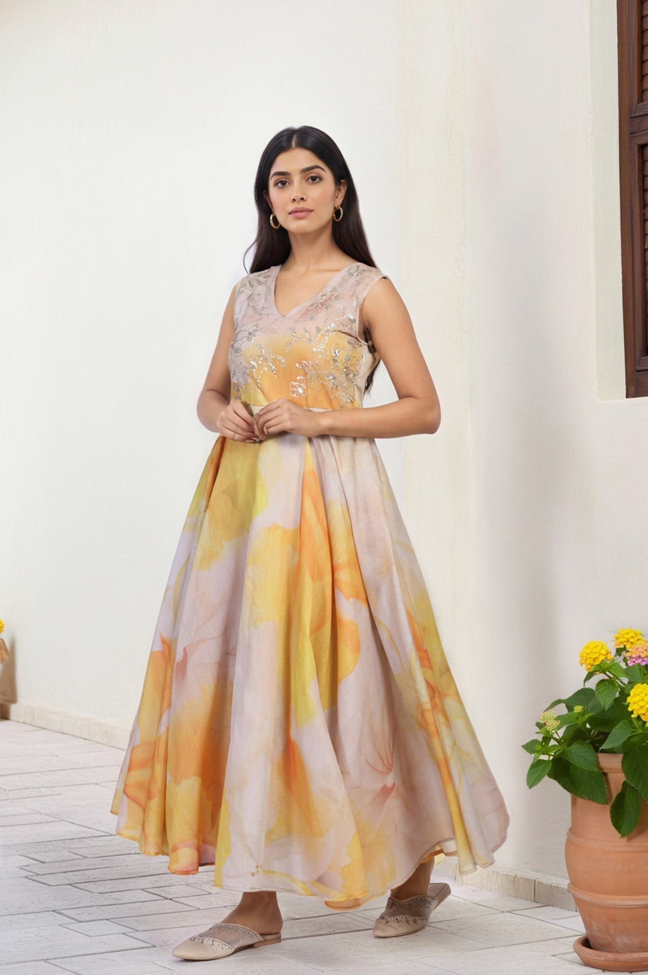 W for Woman Beige Embroidered Organza Anarkali Kurta Set Dupatta Set