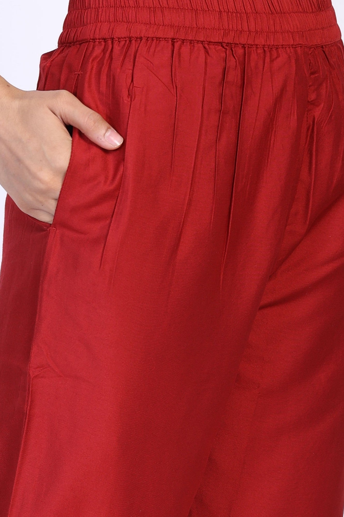 W for Woman Red Floral Print Metallic Embroidered Flared Woven Kurta with Straight Pant and Dupatta Set