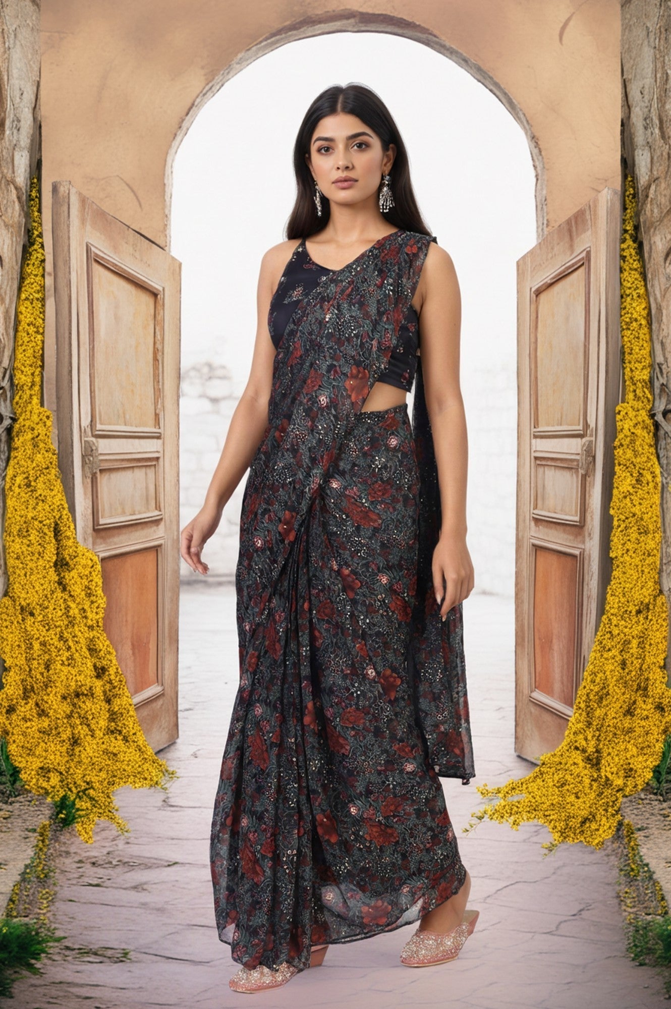 W for Woman Black Floral Printed Sequined Pre-draped Georgette Saree with Blouse