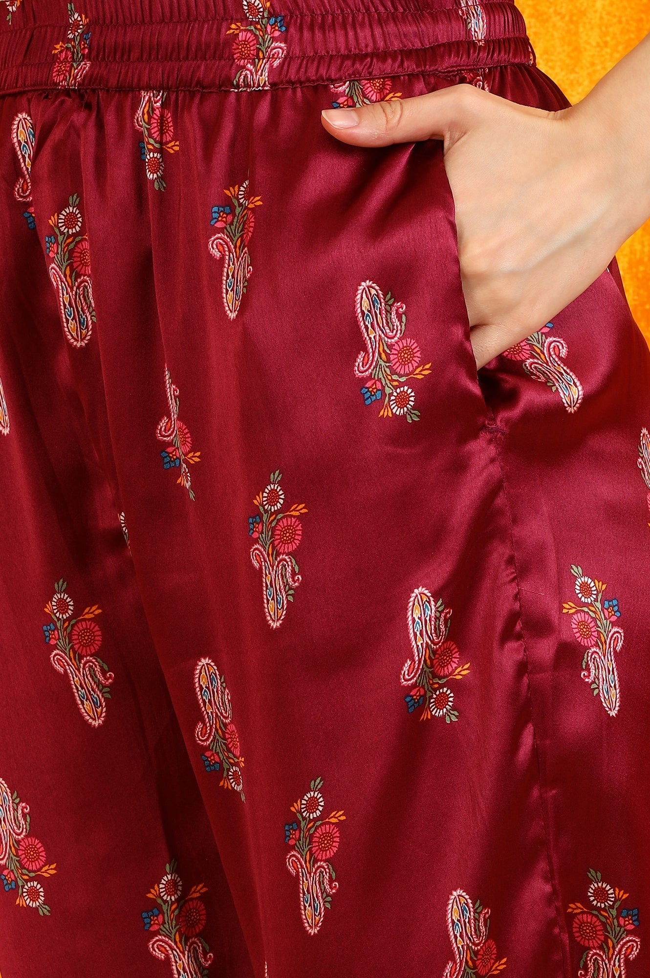 W for Woman Wine Paisley Printed Japanese Satin Embroidered Kurta and Straight Pants Co-ord Set