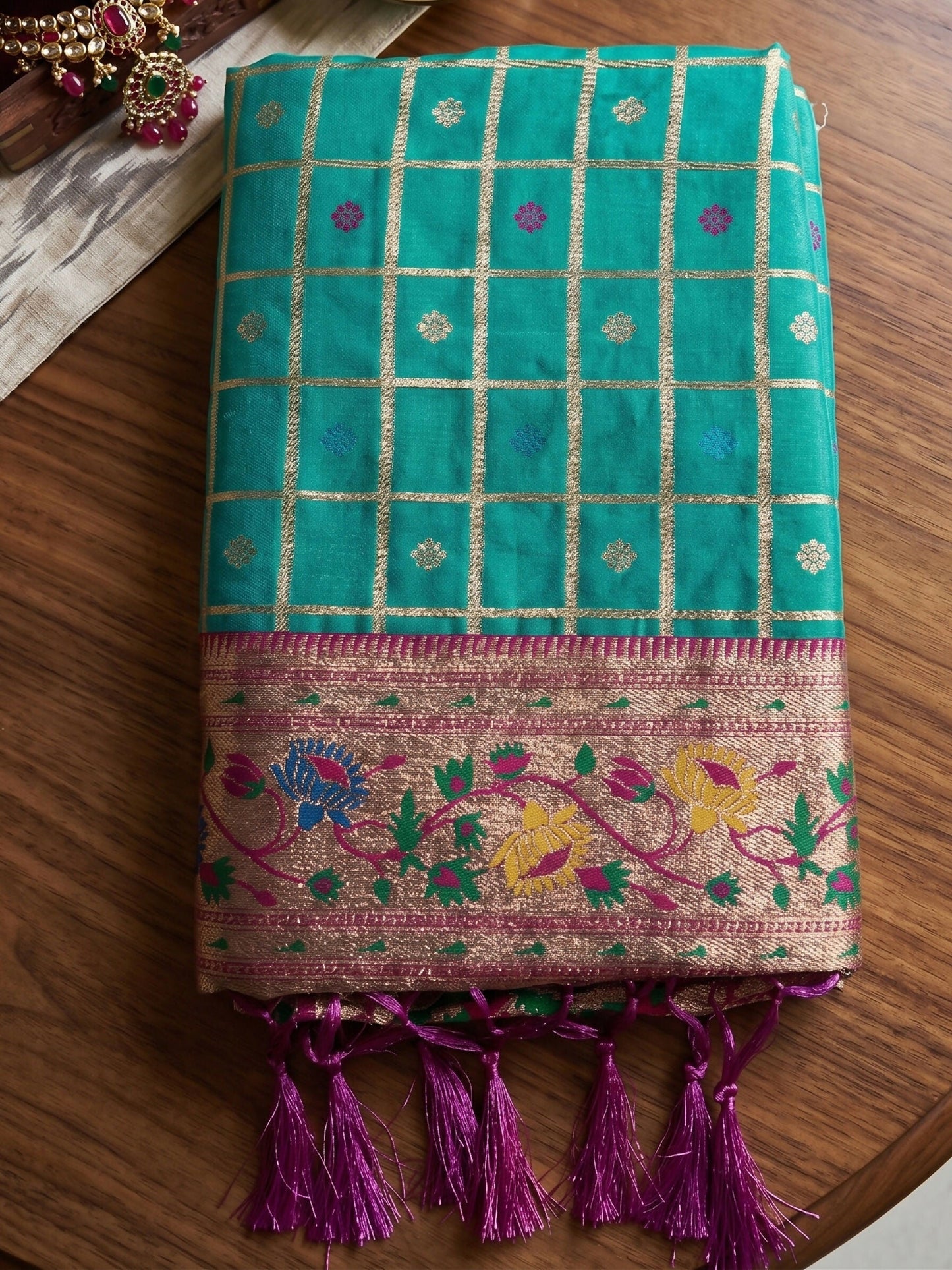 Shree Shyam Fashion Rama Green Banarasi Silk Blend Saree