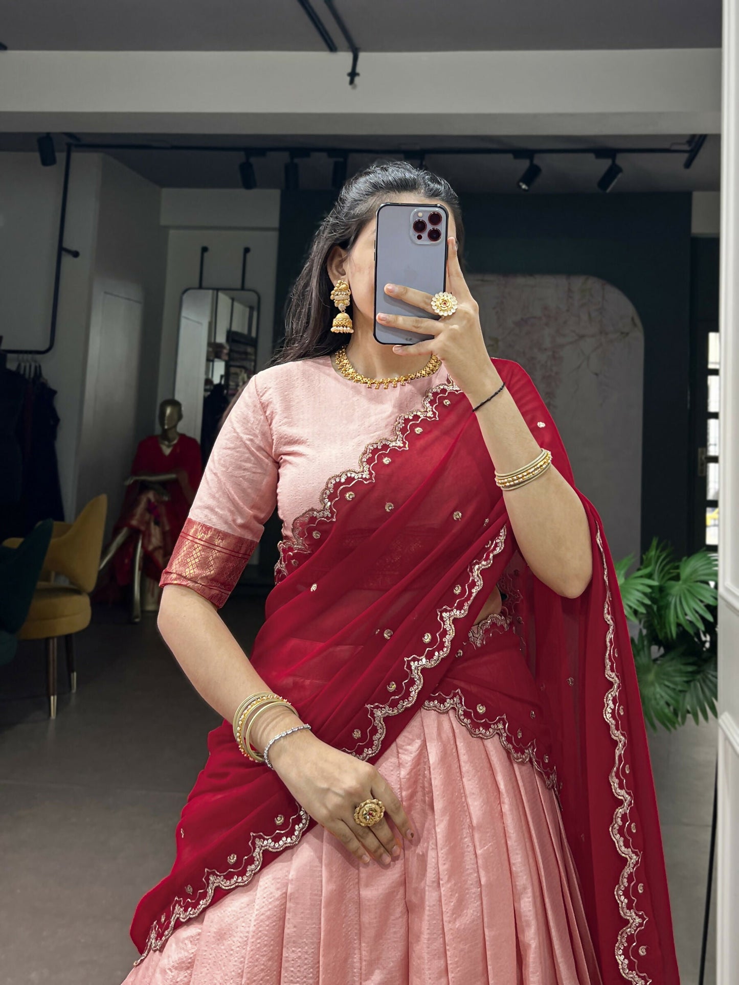 Lorenvalley Fashion Peach Cotton Silk Zari Weaving Work Lehenga Choli with Dupatta
