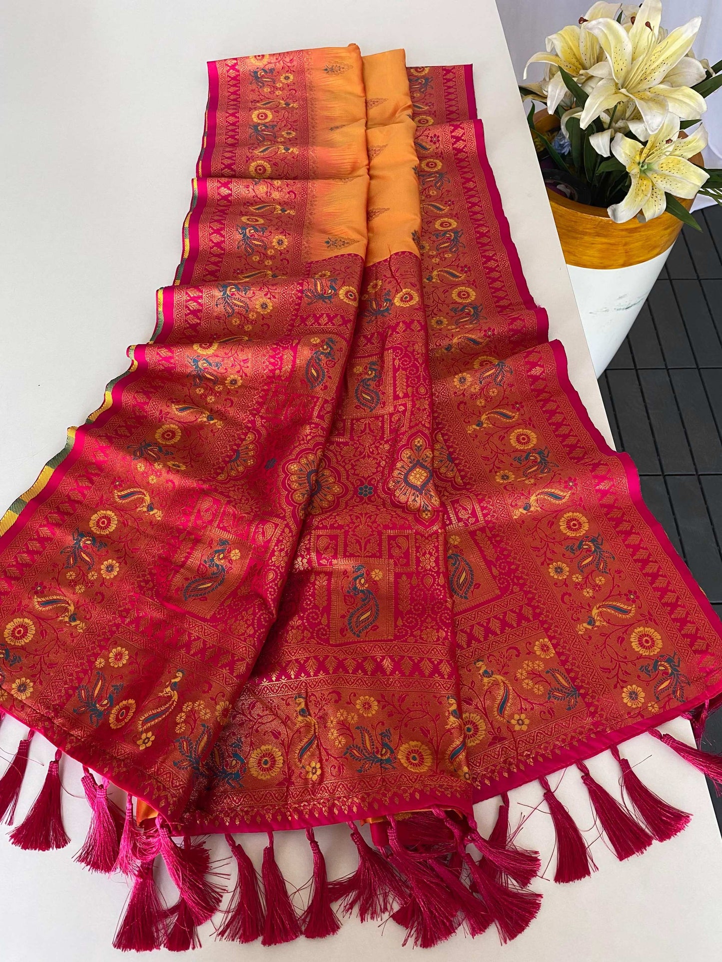 Mameraa Sarees Soft Silk Blend Blend Saree With Zari Weaving Meenakari Design-Yellow