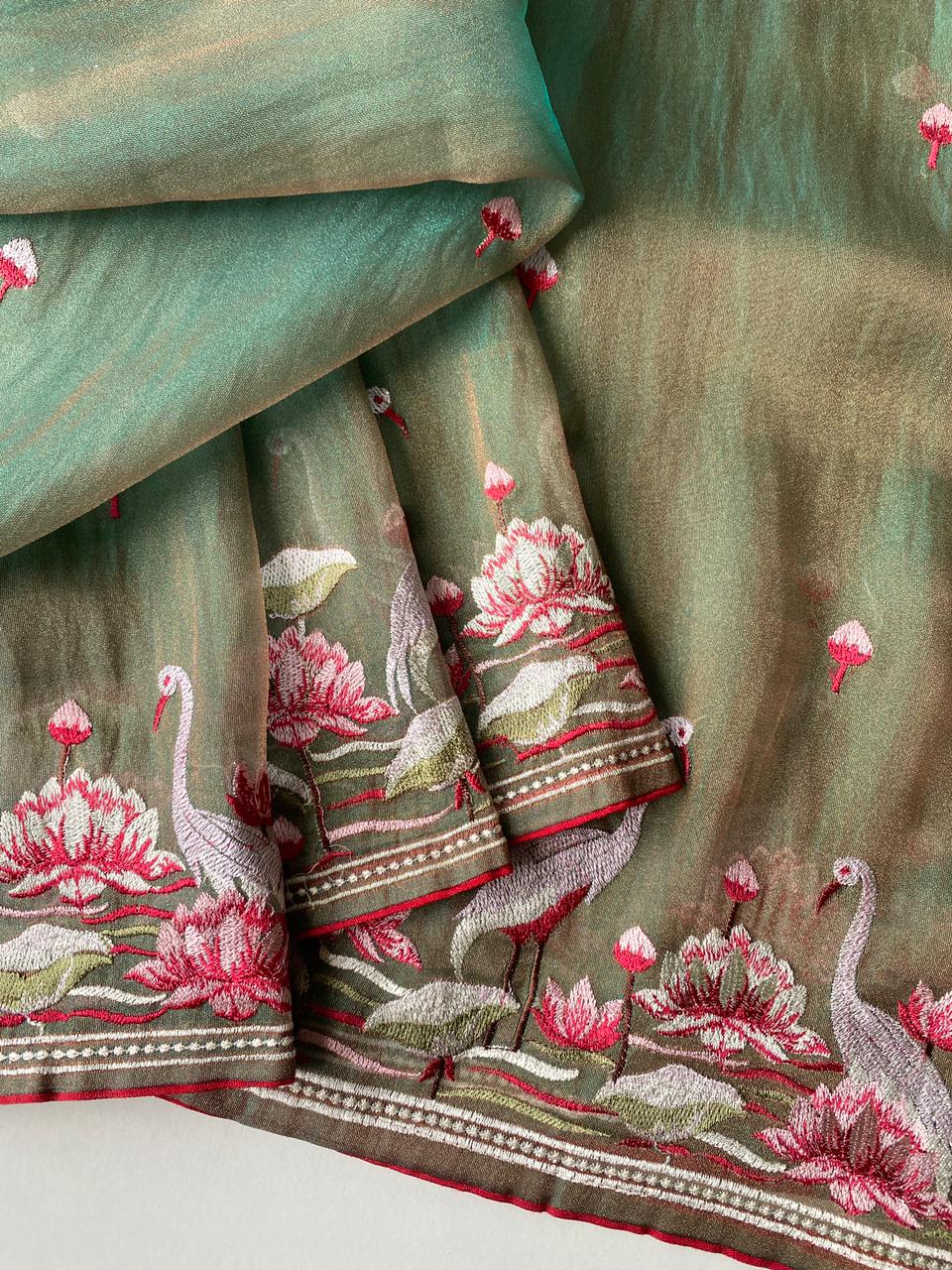 Mameraa Sarees Green Royal Gabbana Silk Saree Woven In A Shiny Dual-Tone Finish-Green