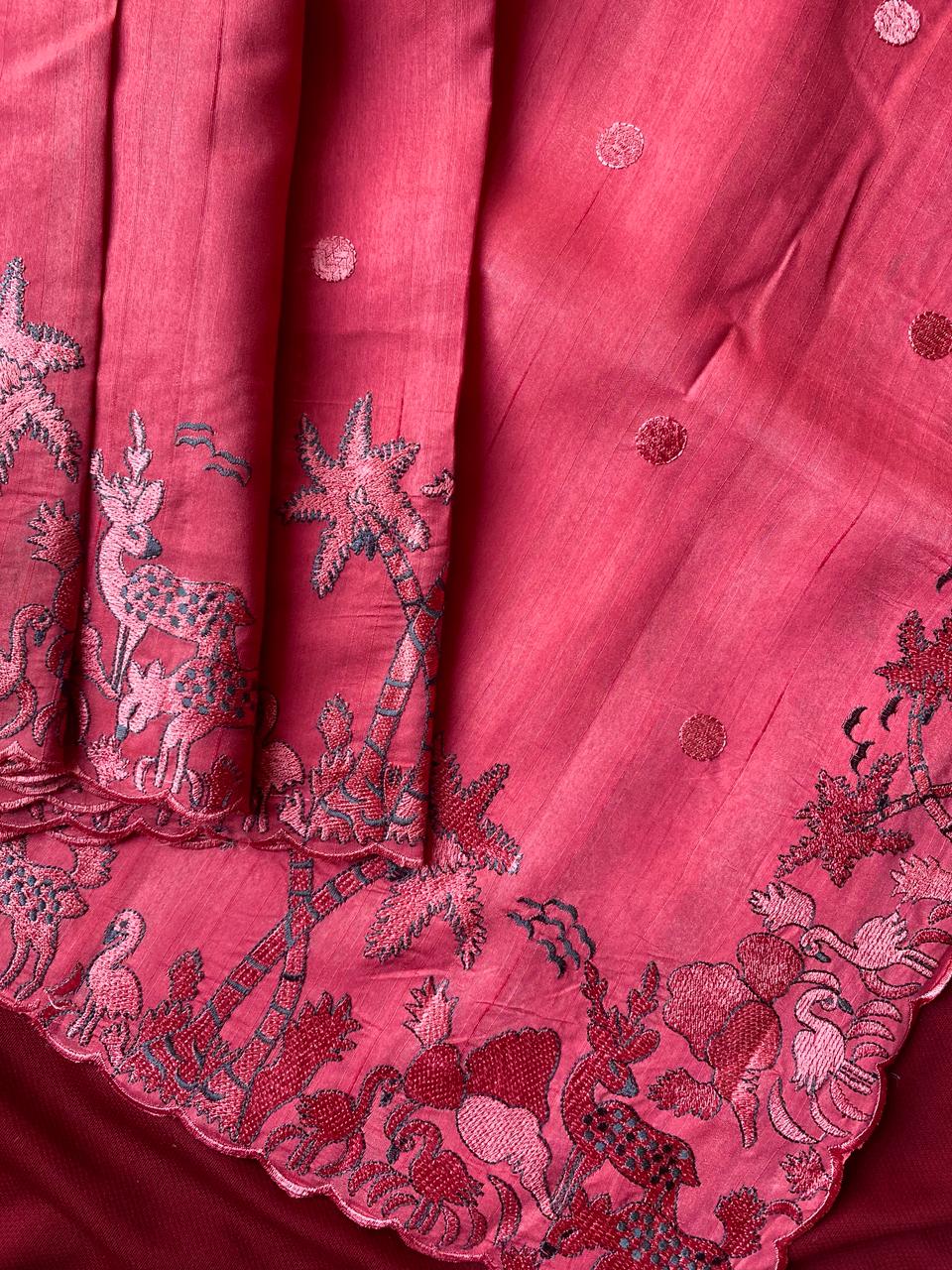 Mameraa Sarees Pink Matka Silk Saree With Heavy Floral Embroidery Border With Running Blouse-Pink