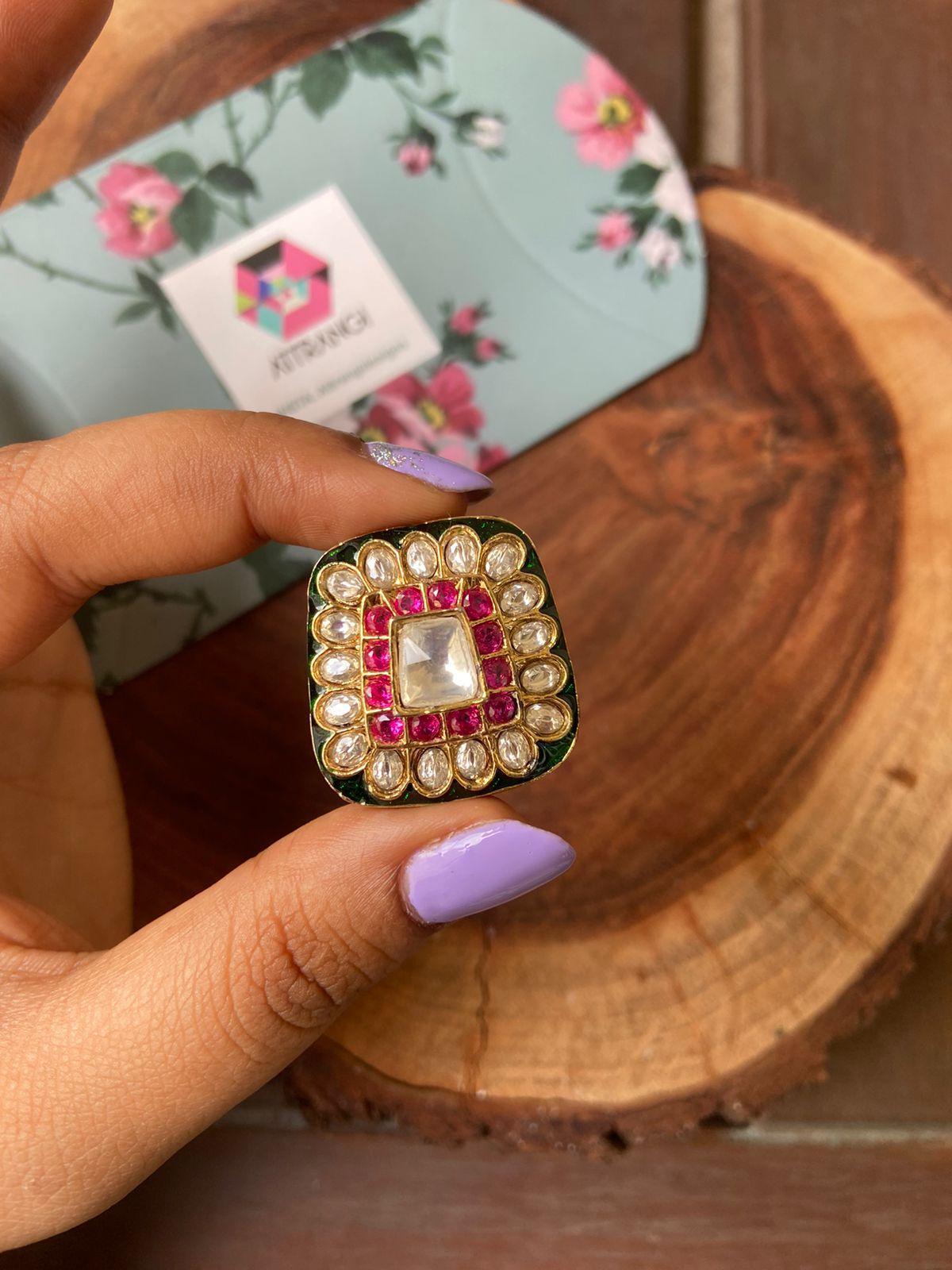 Sanchi Meenakari Oversized Indian Ring And Stud Combo
