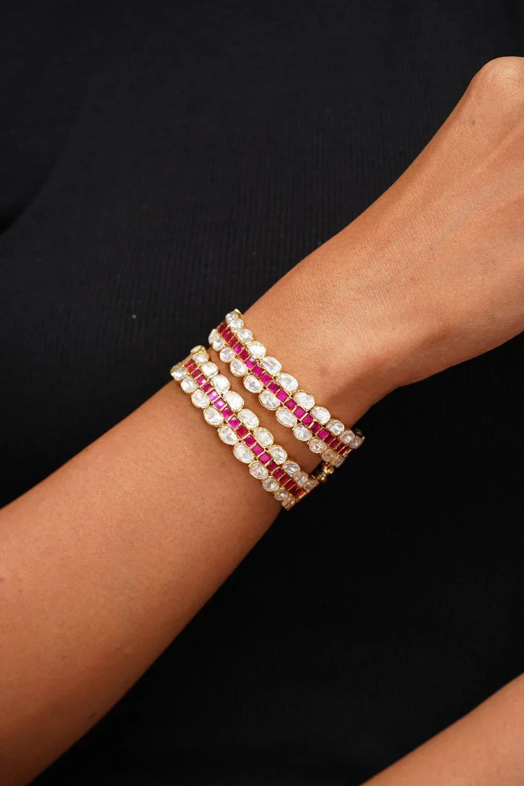Moissanite Coloured Polki Bangle | Kada- Pink