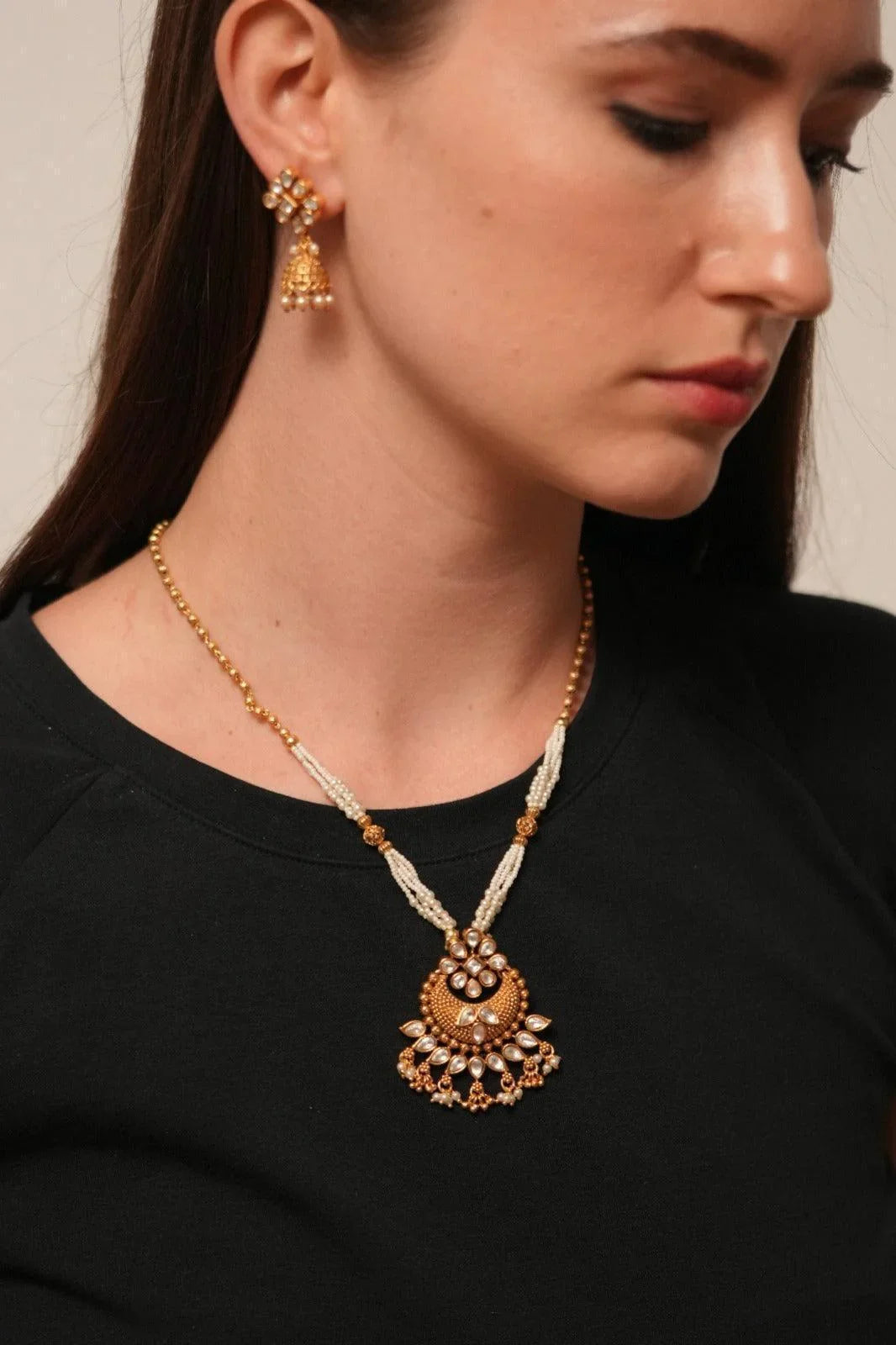 Meera Single Line Necklace with Small Jhumkis | Sone pe Suhaga Collection
