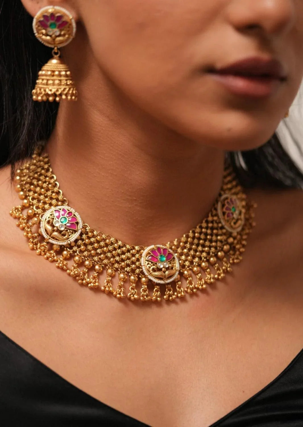 Nirupa Gold Necklace with Mid-Sized Jhumkis | Sone pe Suhaga Collection