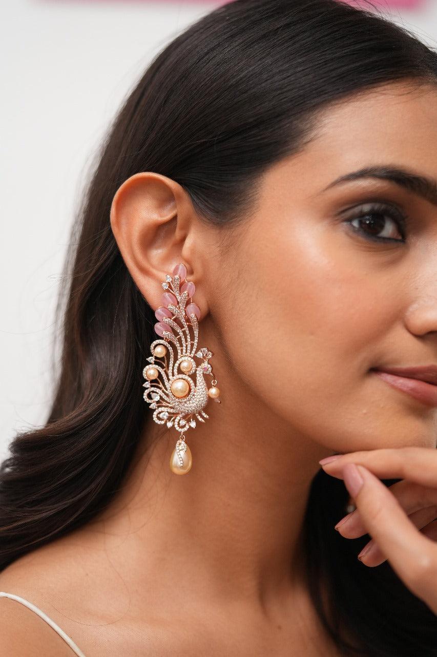 Dancing Peacock Oversized Pastel Beaded Diamond Earrings | Lala Land Collection