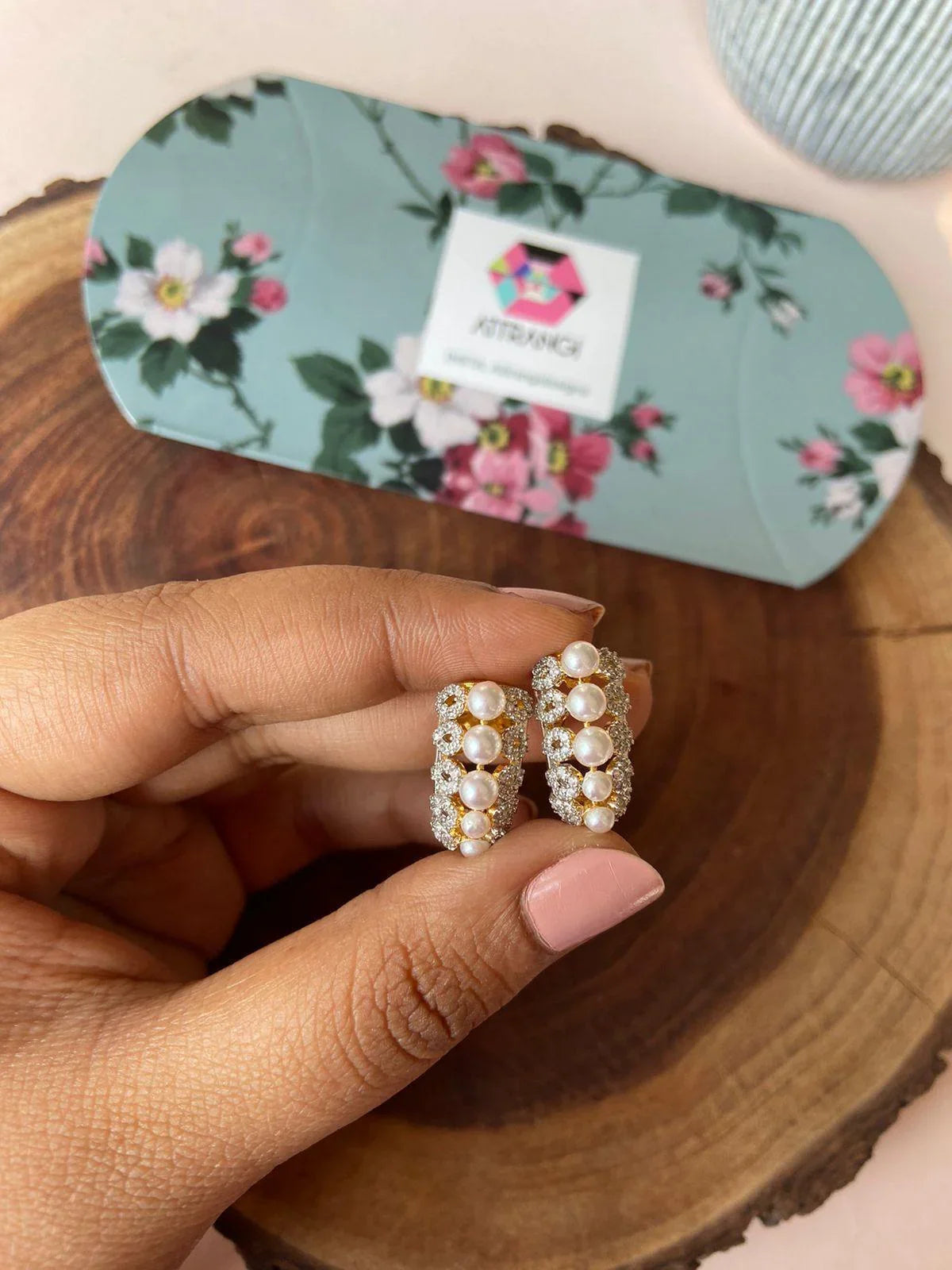 Diamond Pearl Bali Style Studs | Gold Polish