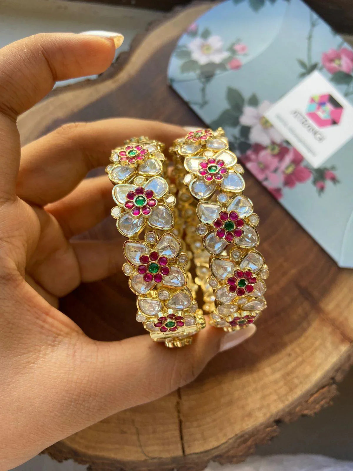 Moissanite 3D floral Polki Indian Kada In Gold Polish