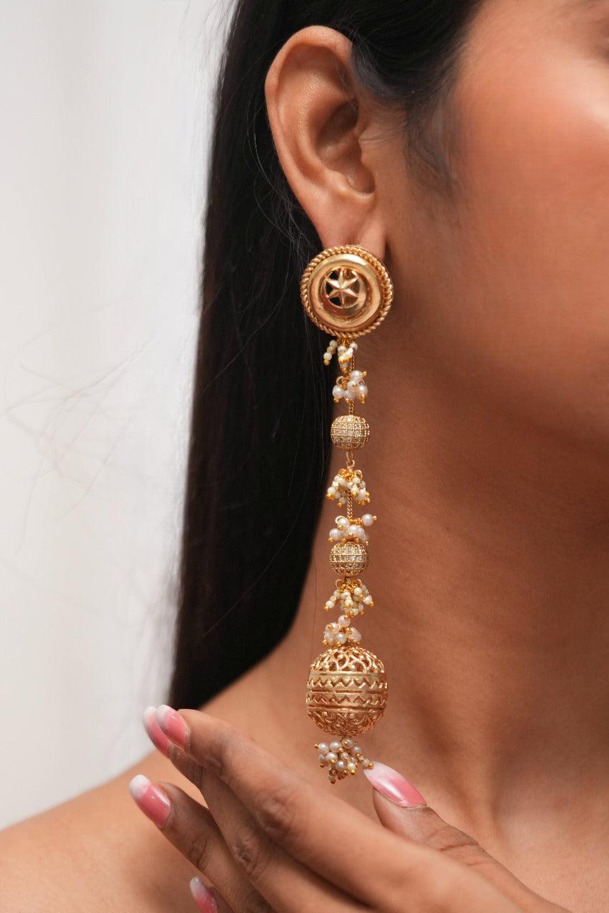 Amana Handmade Gold Long Indian Shoulder Duster Earrings | Contemporary