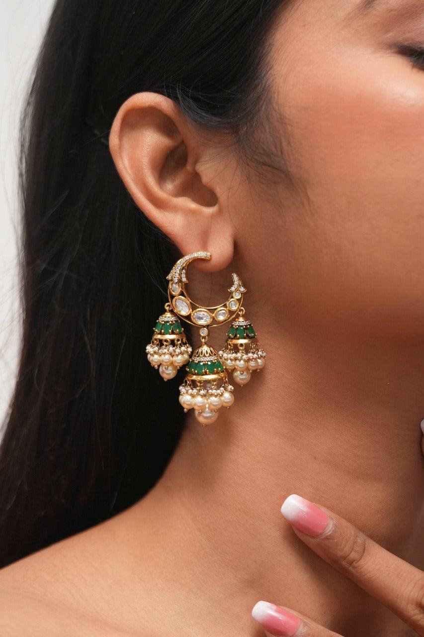Chand Sa Roshan Chehra Moissanite Tri Jhumka Drop Indian Earring