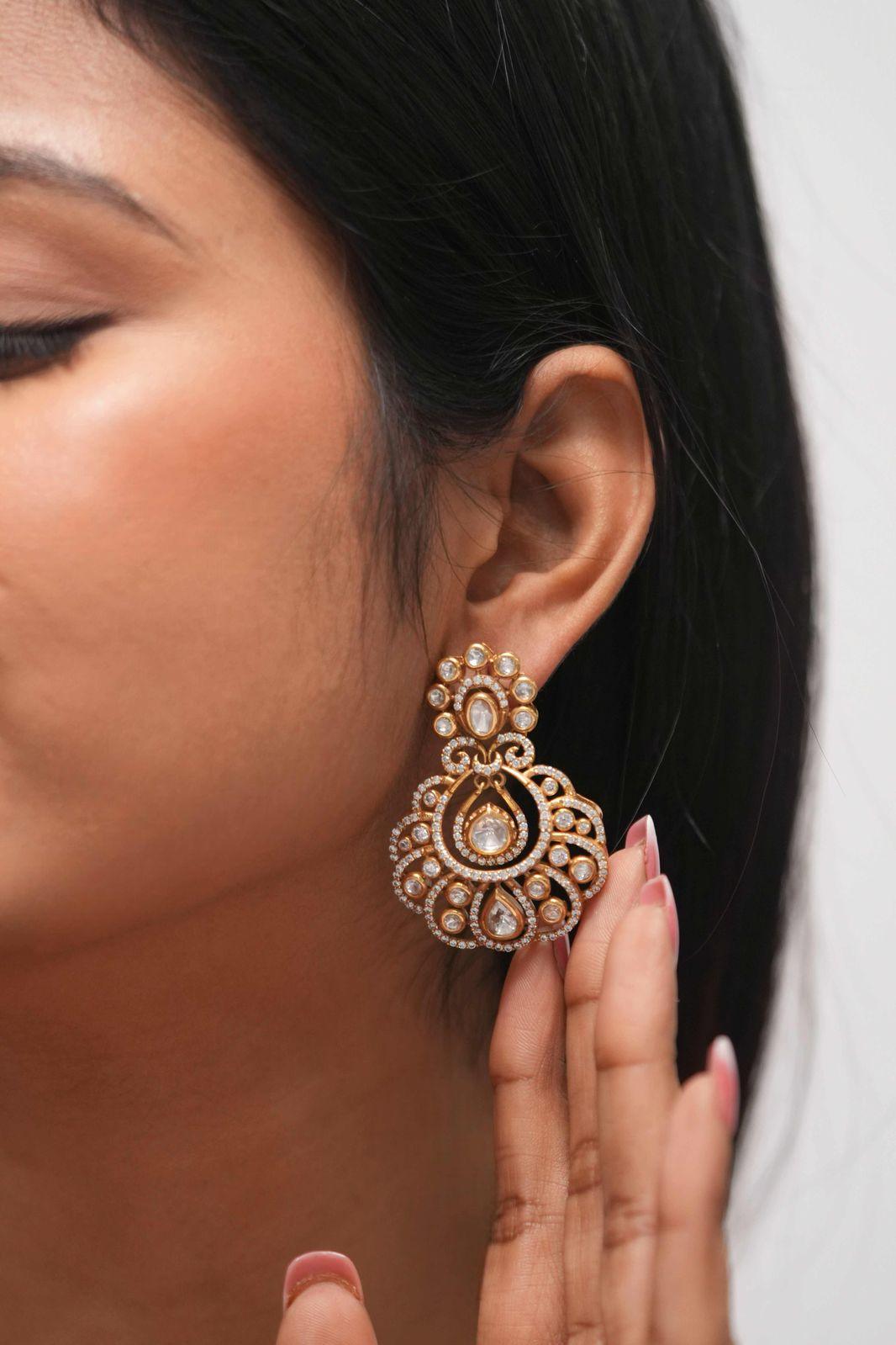 KinniNaari Mid Sized Moissanite Polki Chandbali Earrings