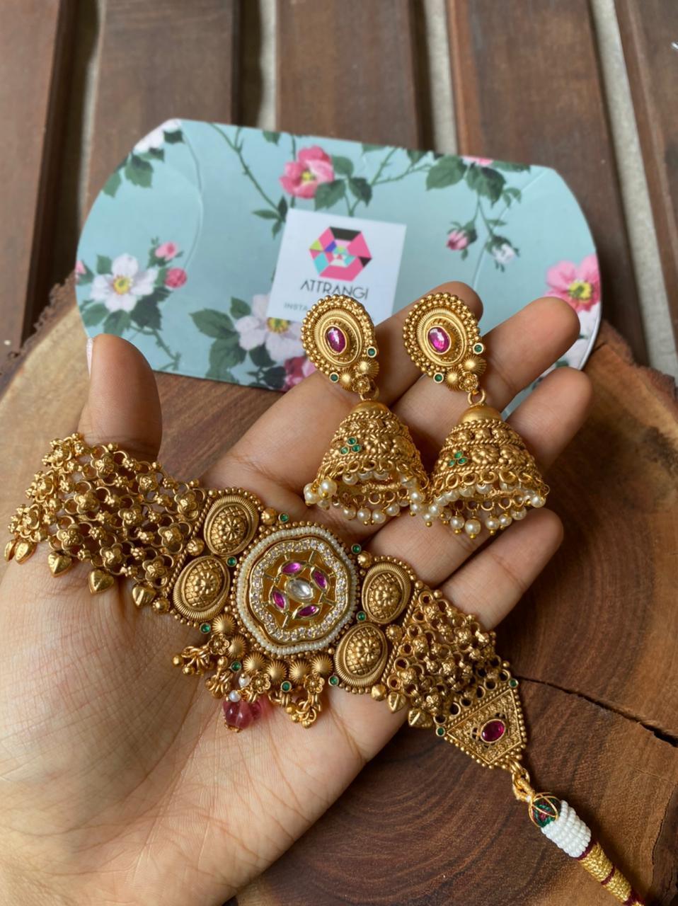 Narmanda Indian Choker Set with Gold Jhumkas