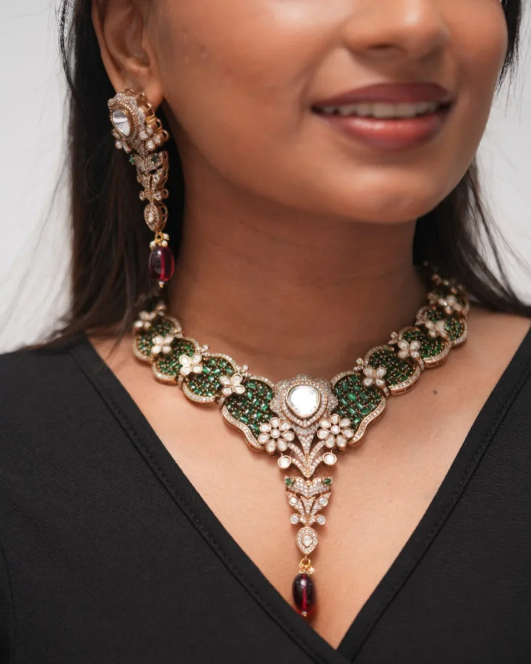 Madhuri Royal Emerald Floral Necklace Set