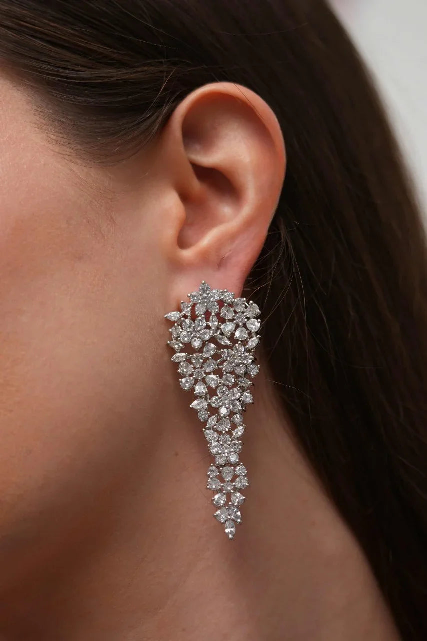 Sparkly Diamond Long Floral Bouquet Earrings