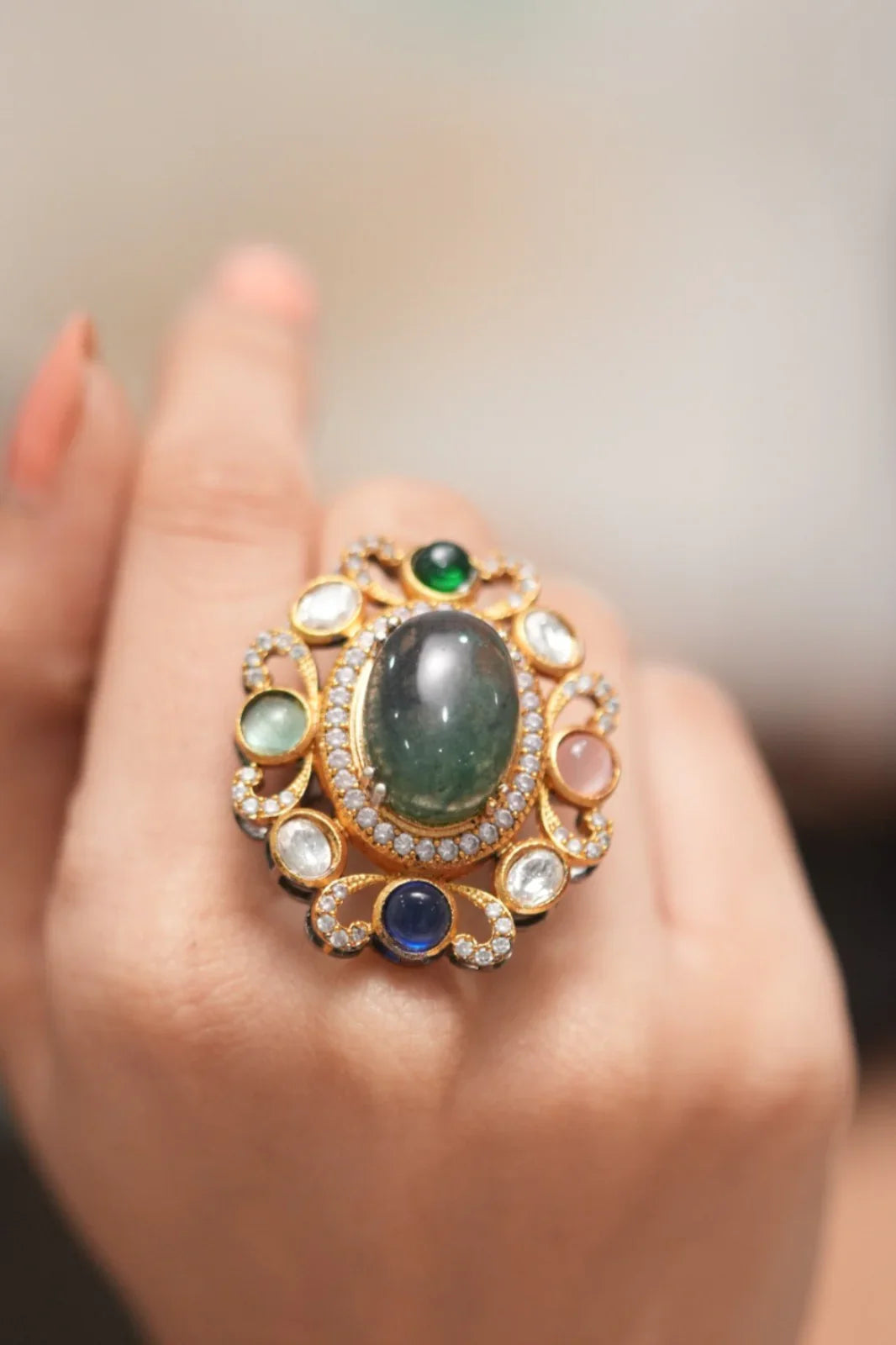 Oval Sabhya Multicolour Gemstone Indo Western Ring| GemZ