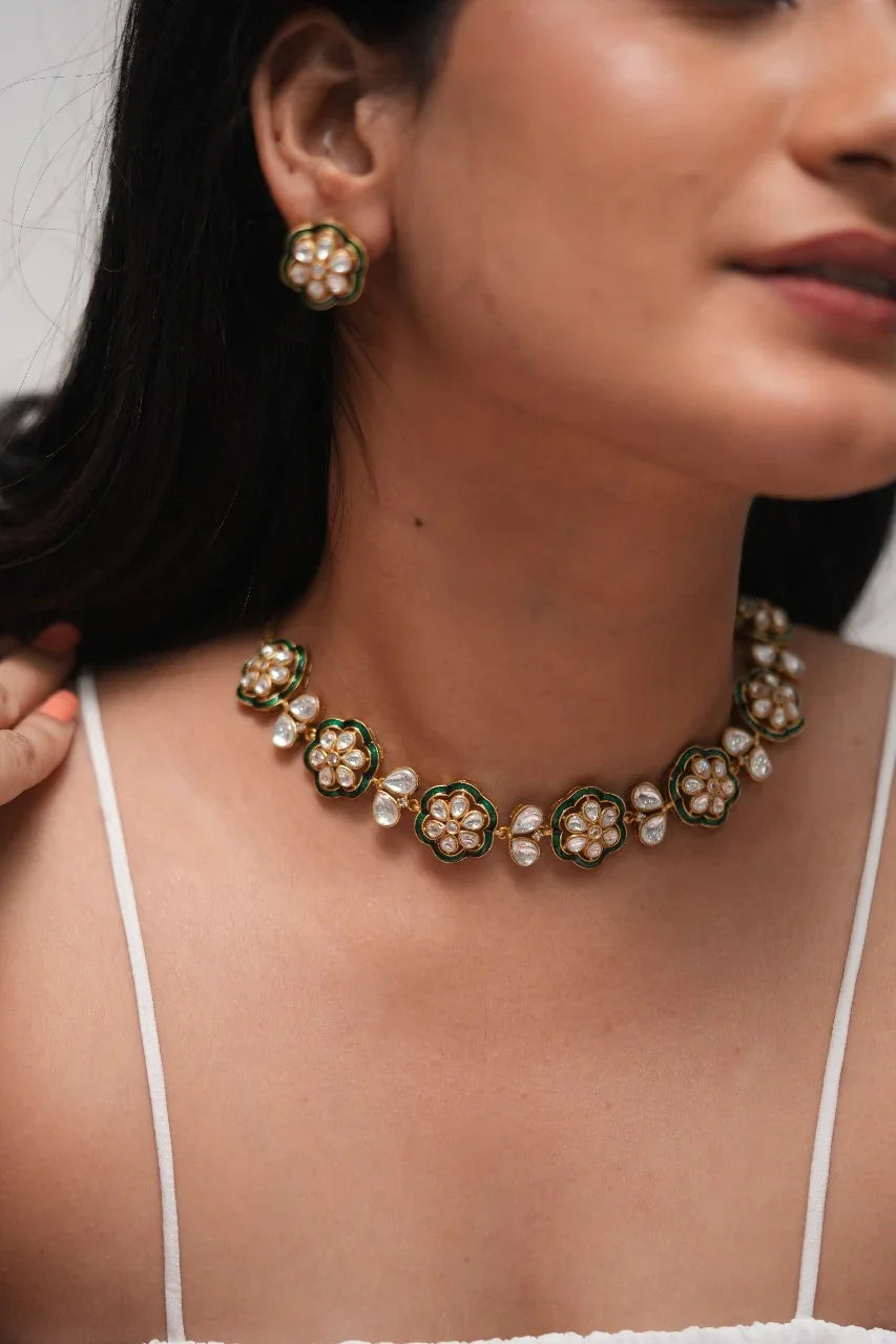 Pyaari Bindu Meenakari Delicate Polki Choker| Necklace Set
