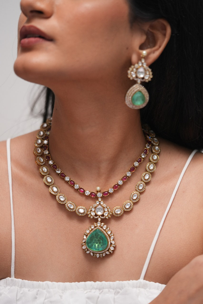 Ayesha 2 Line Polki Ruby Fluorite Necklace Set