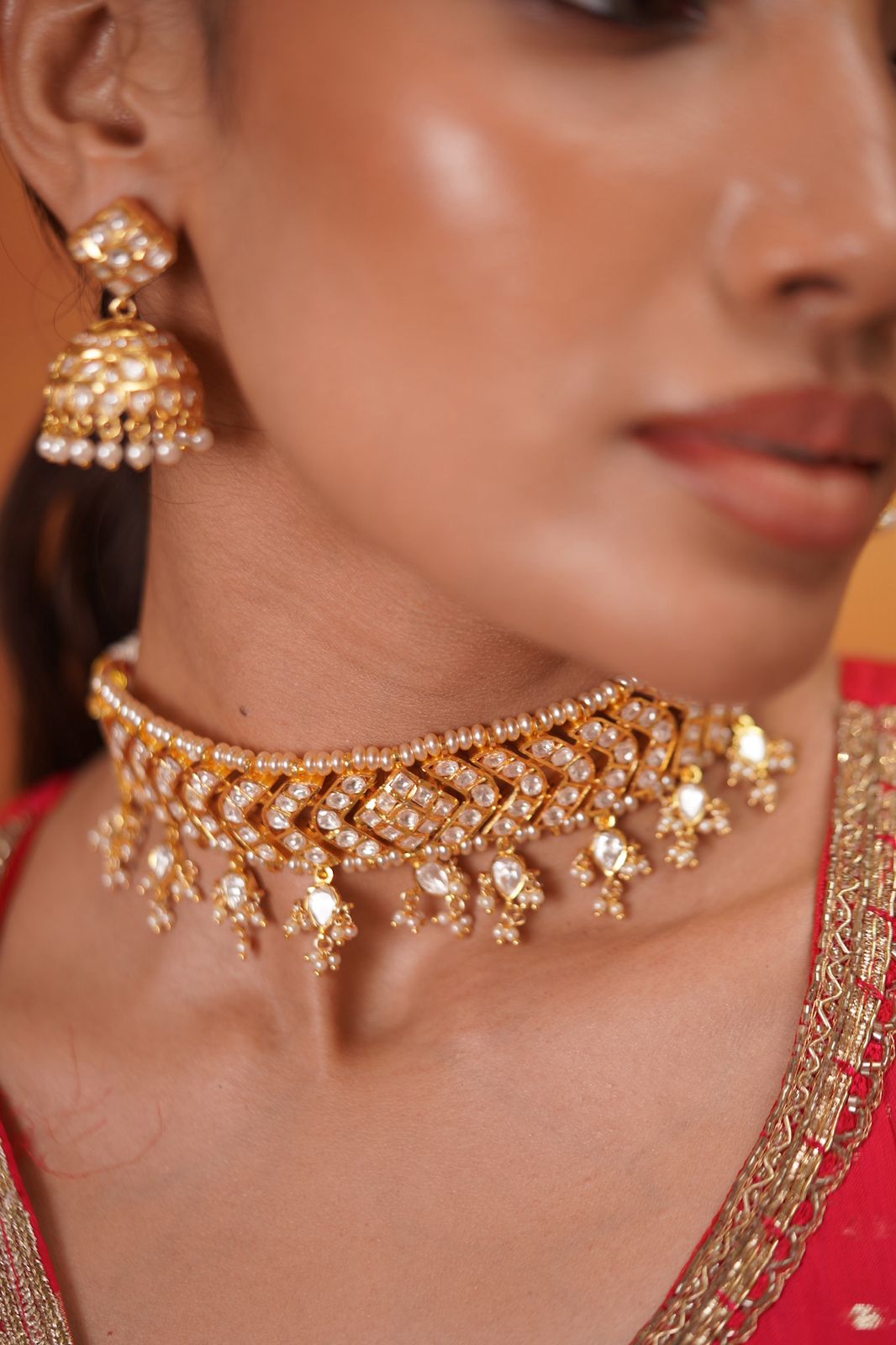 Chandra Polki Moissanite Choker Set With Jhumka
