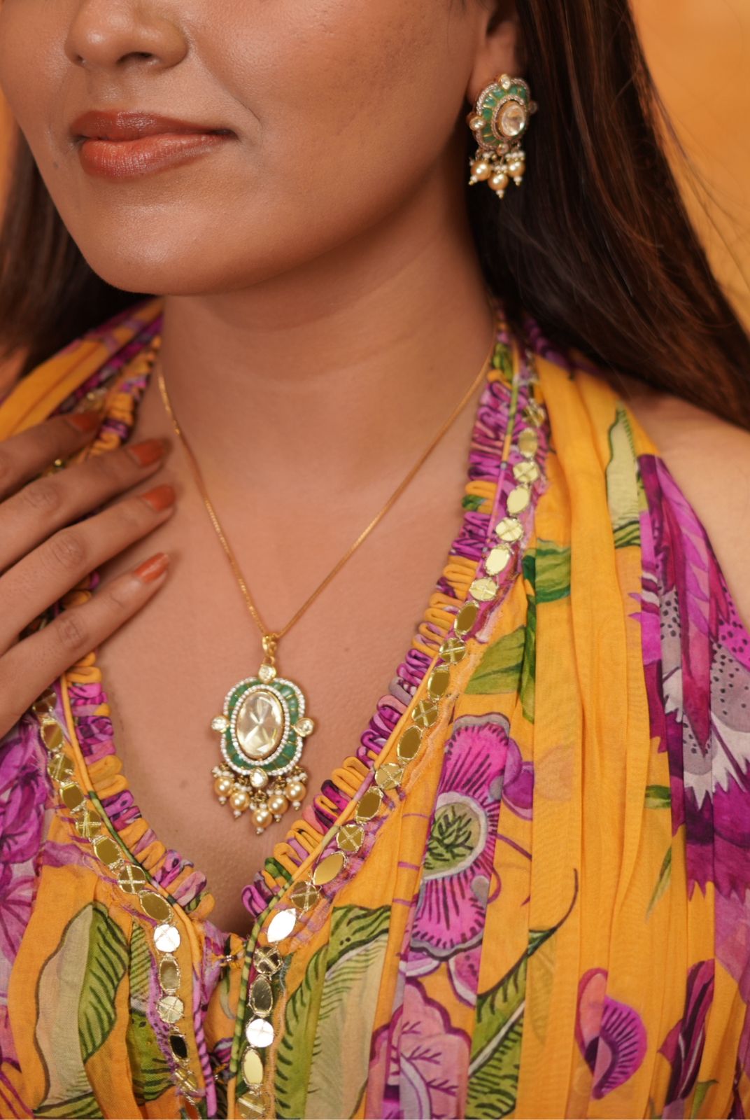 Pratima Polki Moissanite Epoxy Meena Indian Pendant Set
