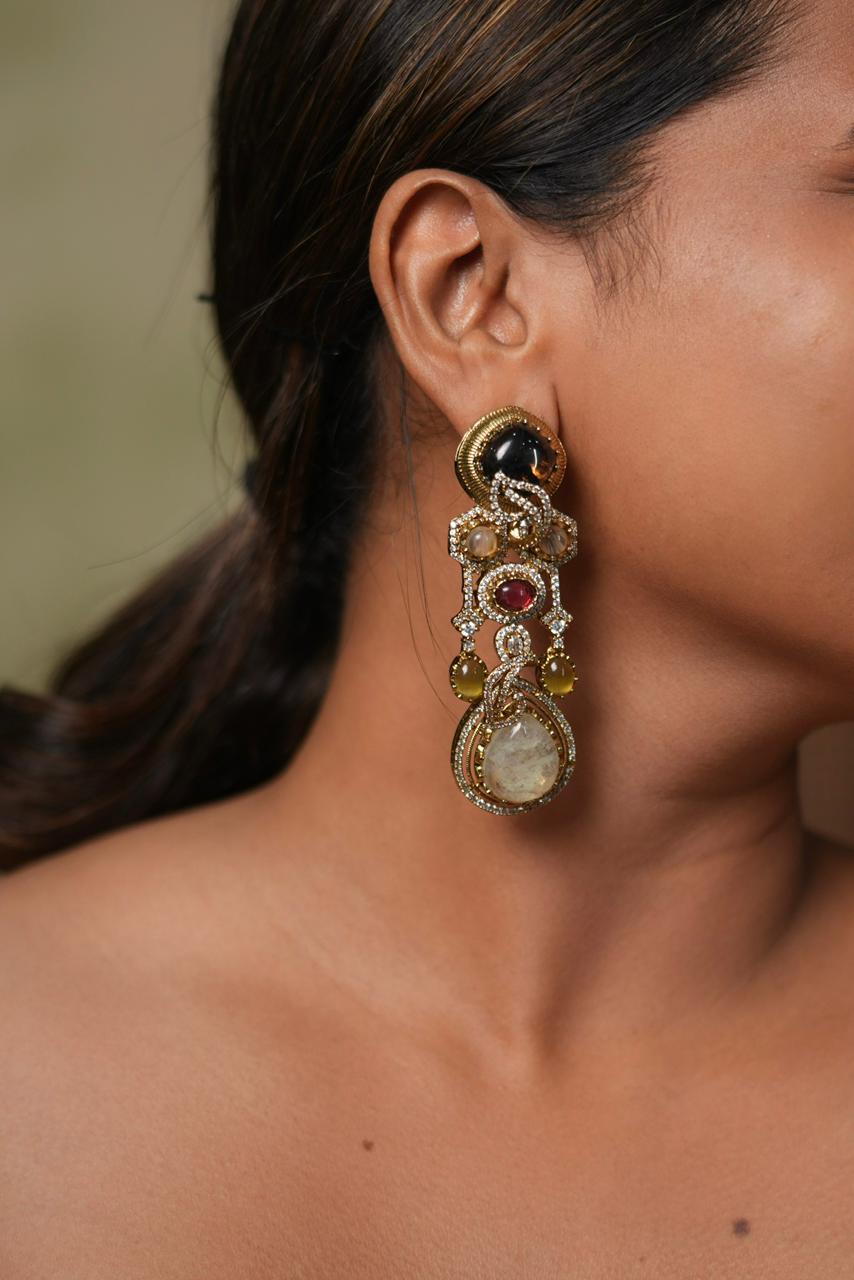 Unrested Queen Multi Coloured Gemstone Indowestern Earrings | GemZ