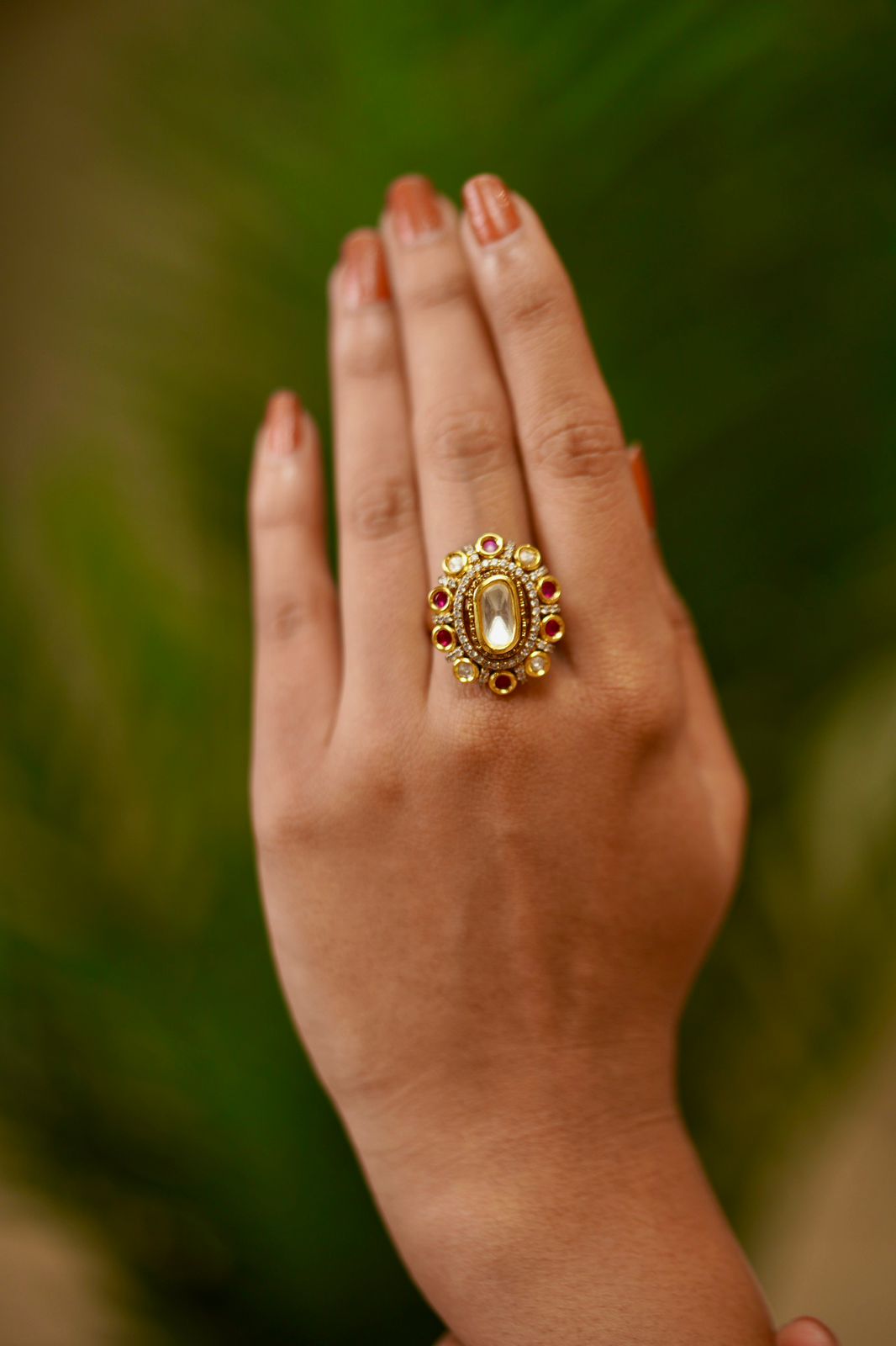 Rohini Polki Blob Coloured Halo Moissanite Ring | Adjustable
