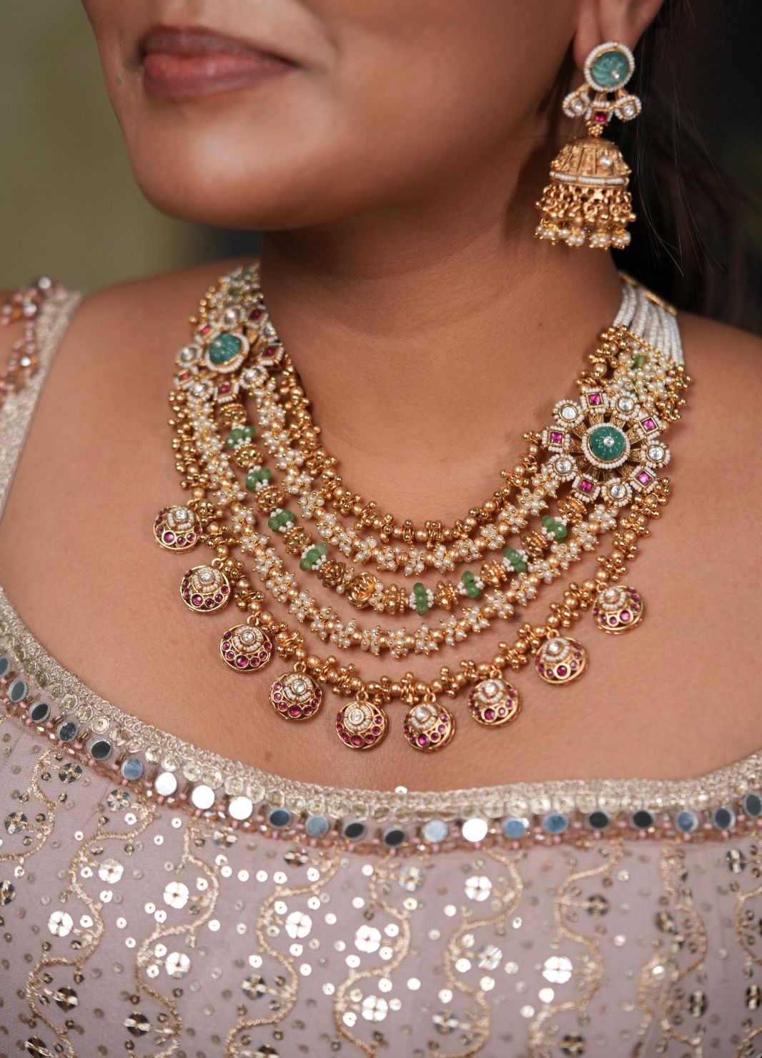 Jeevitha 5 line Gold Traditional Necklace Set with Jhumkas | Sone Pe Suhaga