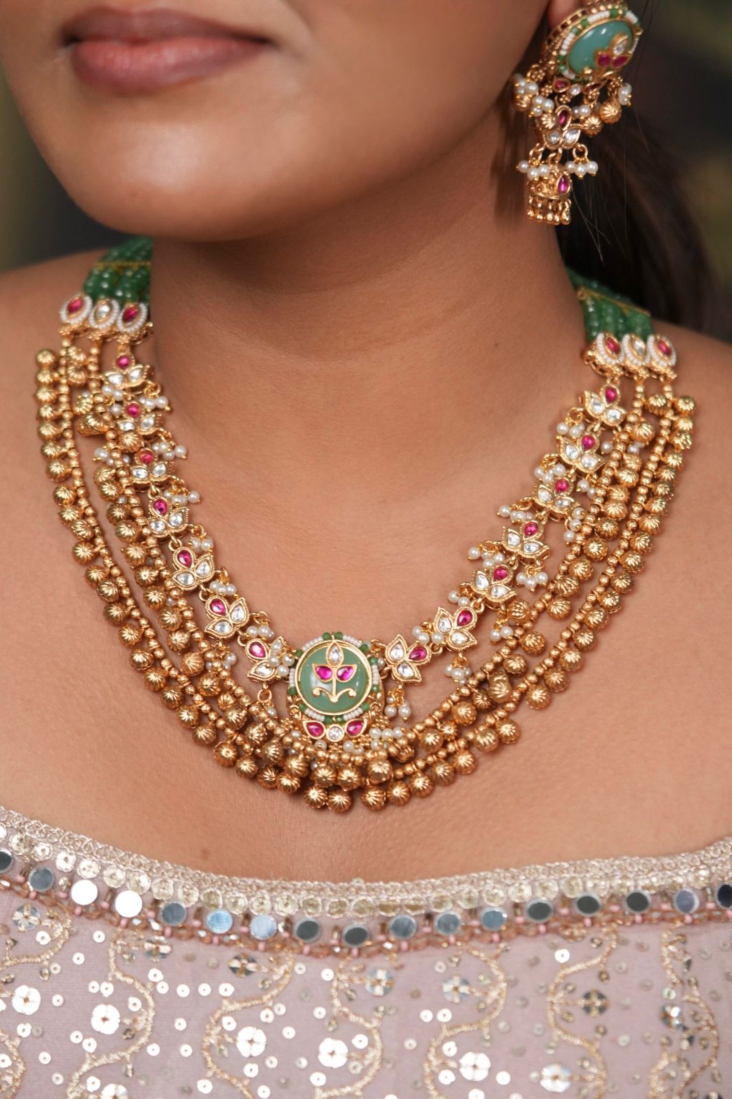 Savithri 3 Line Gold Polki Traditional Necklace Set | Sone Pe Suhaga