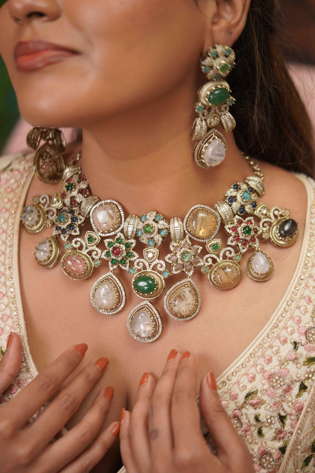 Designer Multi-Coloured Pastel Gemstone Indo-western Bridal Set