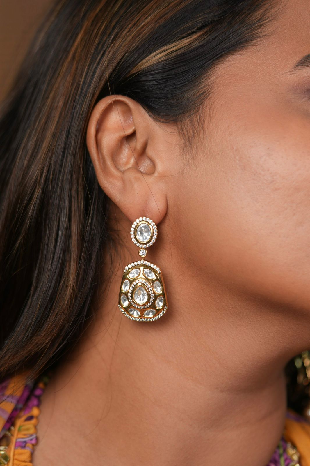 Tripti Polki Moissanite Statement Drop Soft Gold Earrings