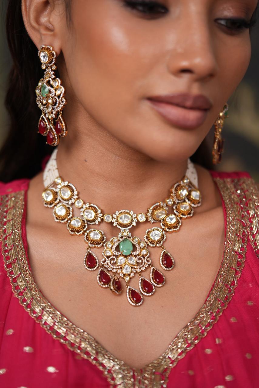Meena Ruby Mint Moissanite Polki Necklace Set with Tika